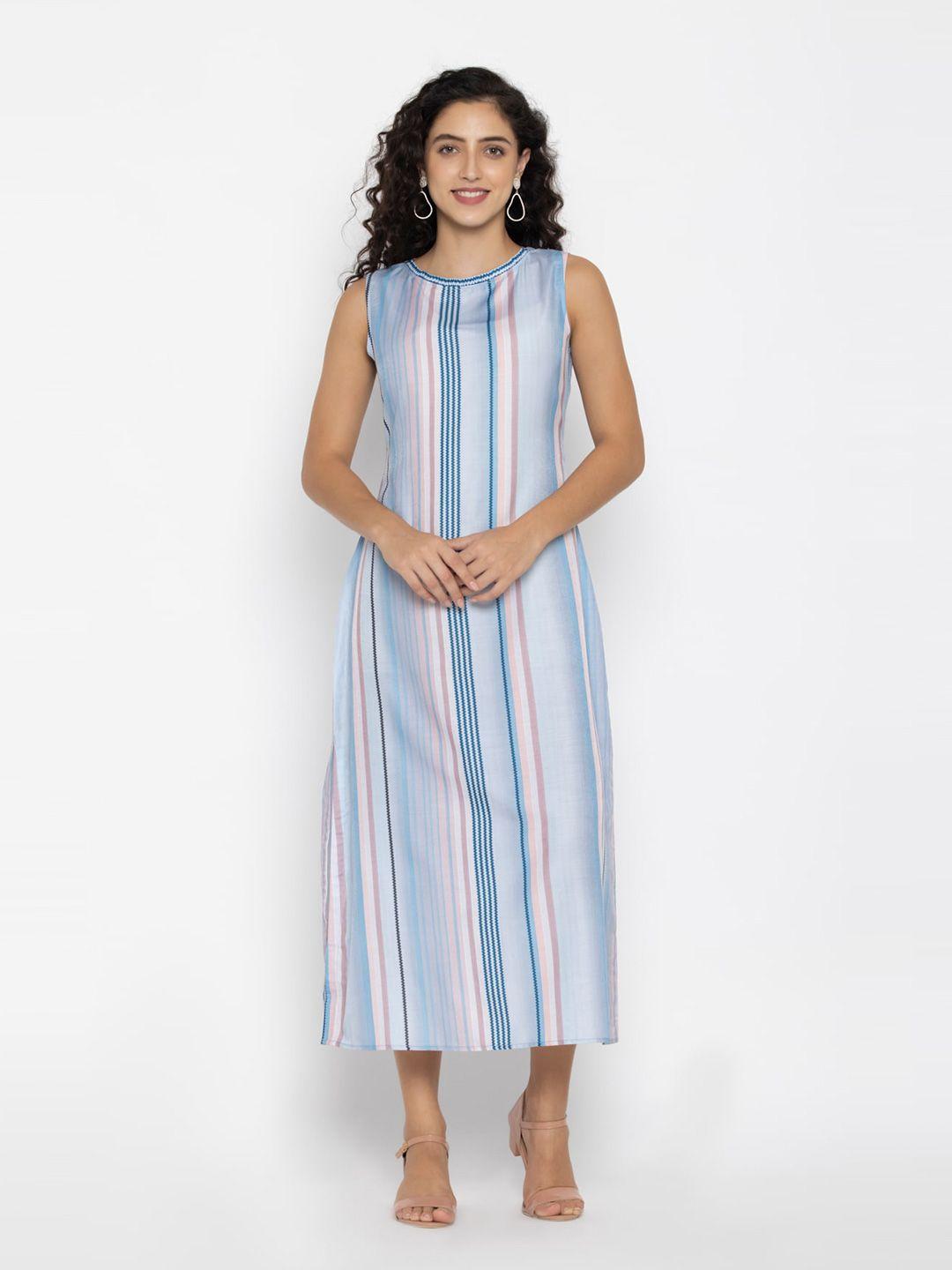 octics blue & pink striped a-line midi dress