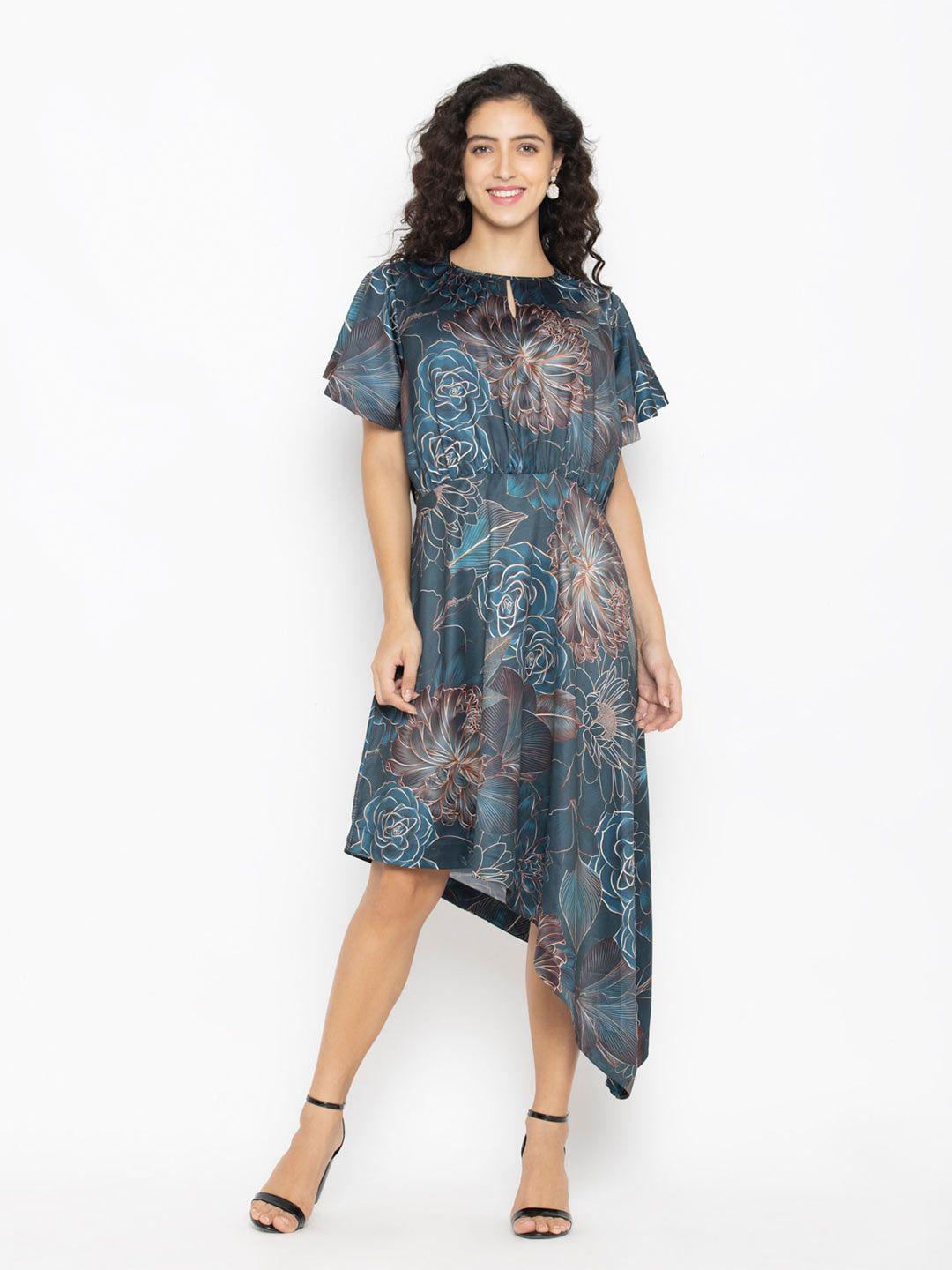 octics blue ethnic motifs satin a-line dress