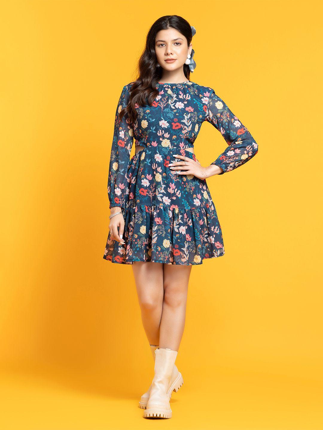 octics blue floral print georgette a-line dress