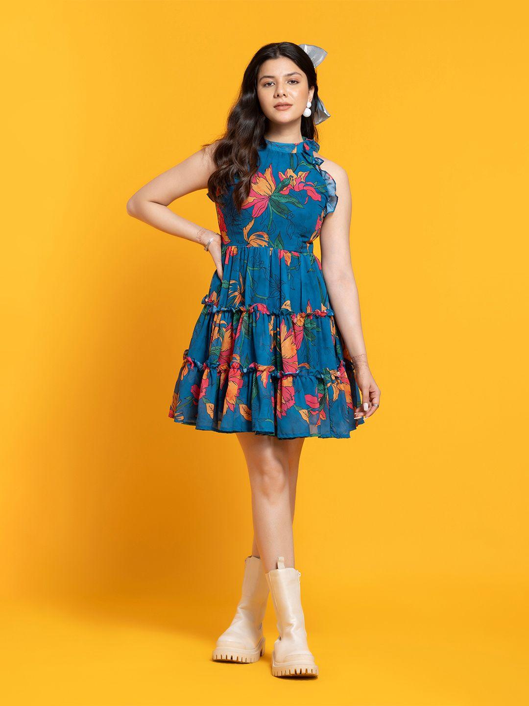 octics blue floral print georgette a-line mini dress