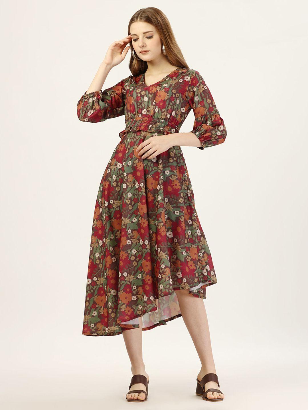 octics floral printed v-neck puff sleeves smocked fit & flare midi dress