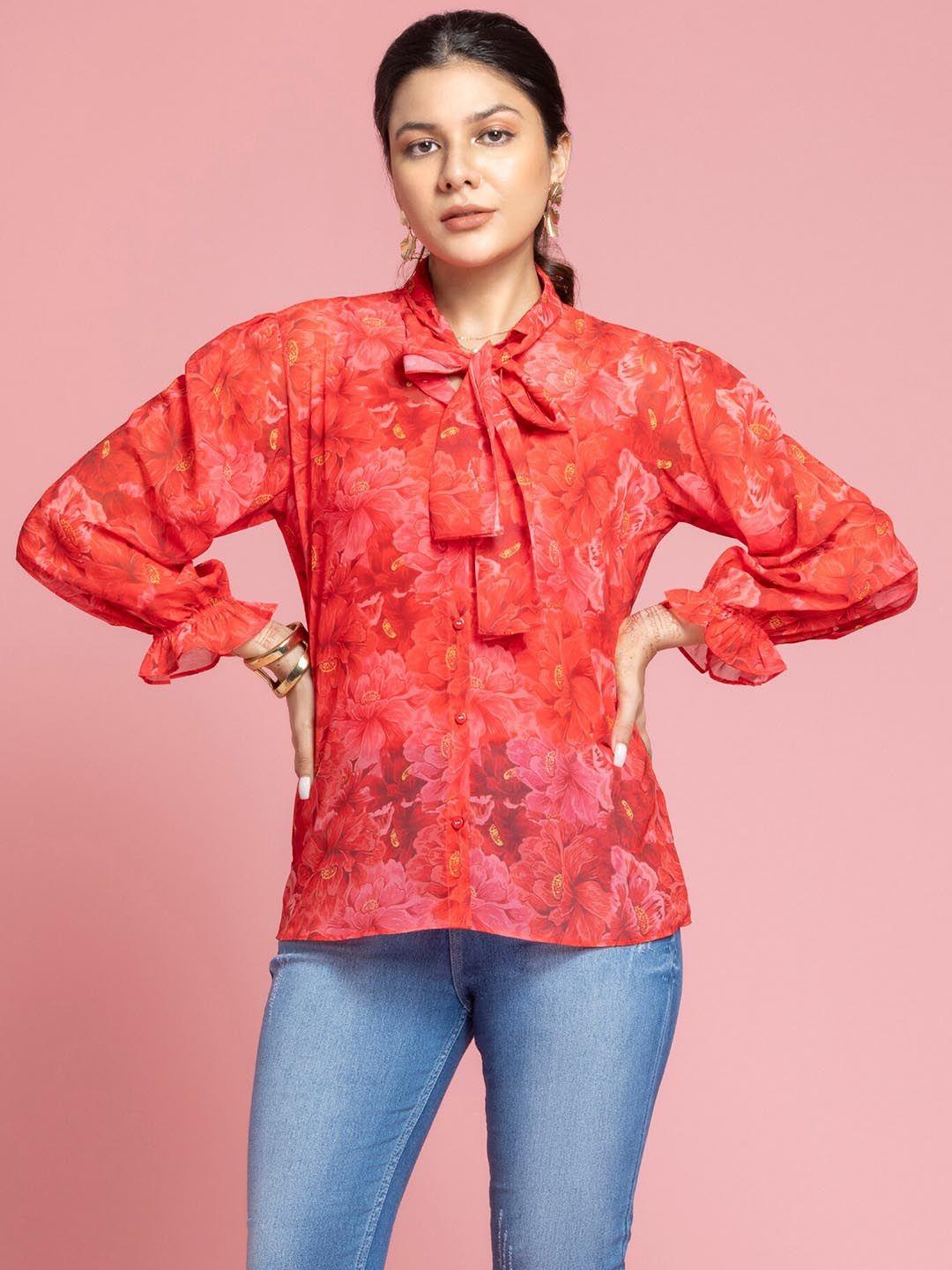 octics red floral print tie-up neck puff sleeve georgette shirt style top