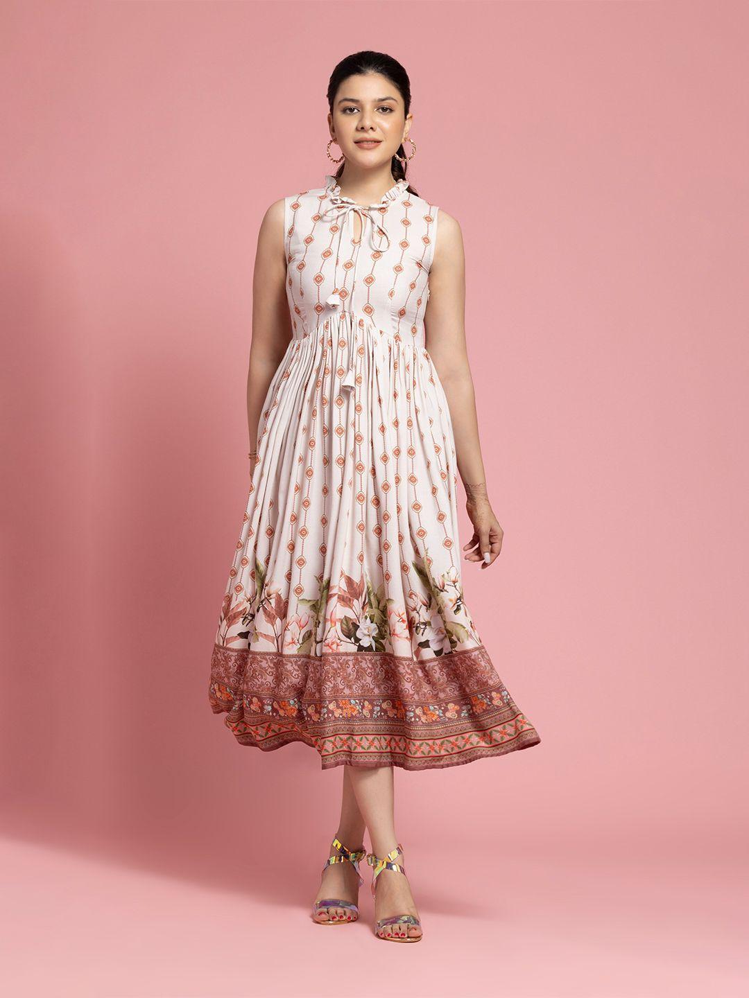 octics white floral print tie-up neck a-line maxi dress