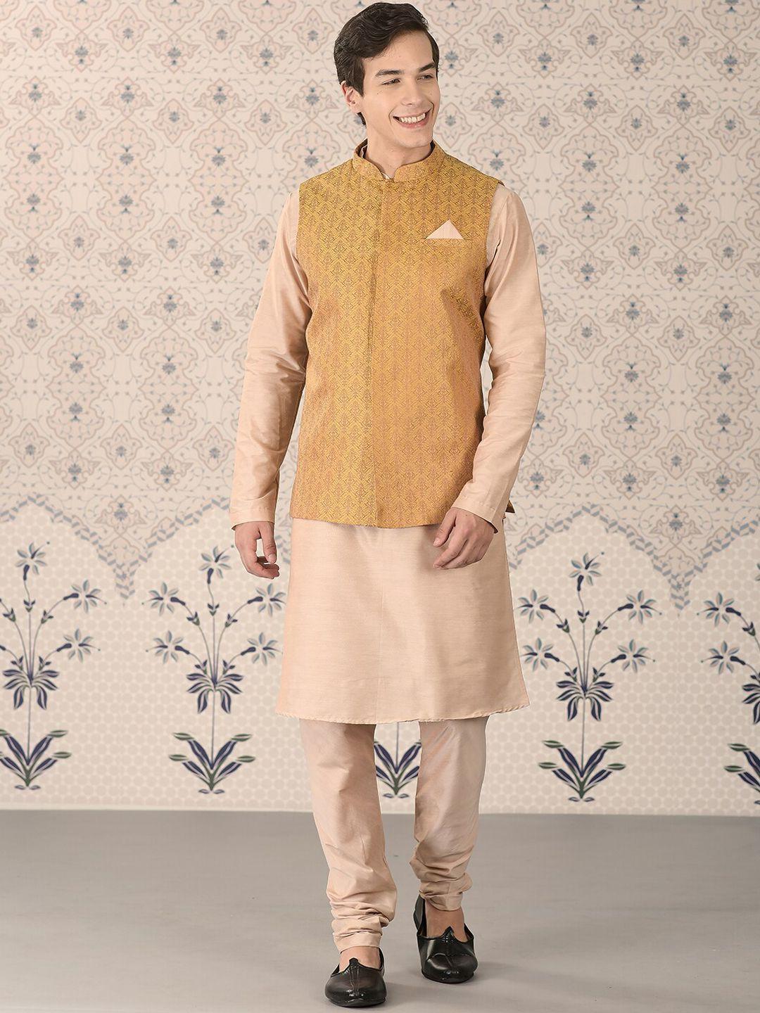 ode by house of pataudi beige mandarin collar kurta with churidar & nehru jacket