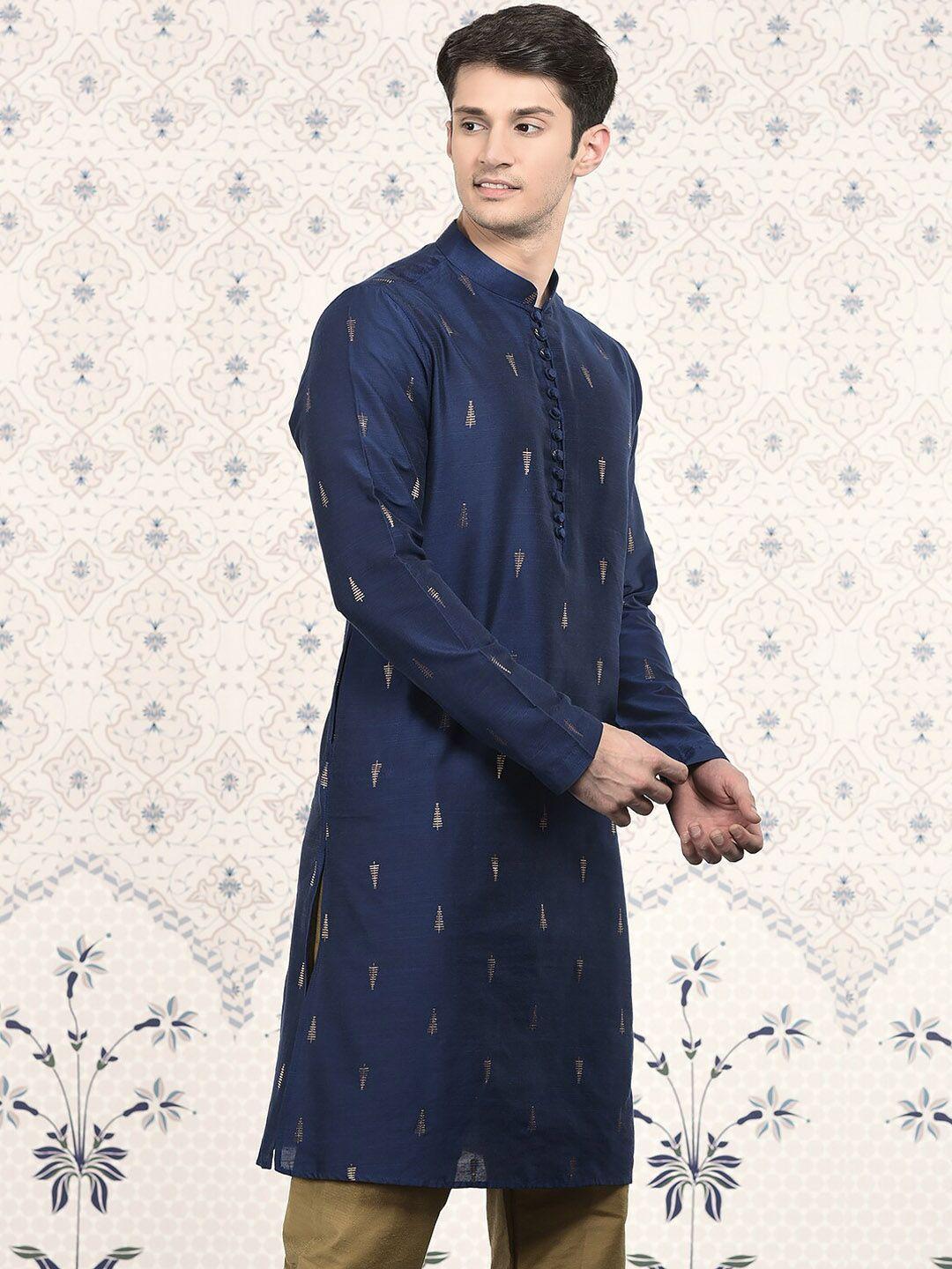ode by house of pataudi blue ethnic motifs embroidered jacquard straight kurta