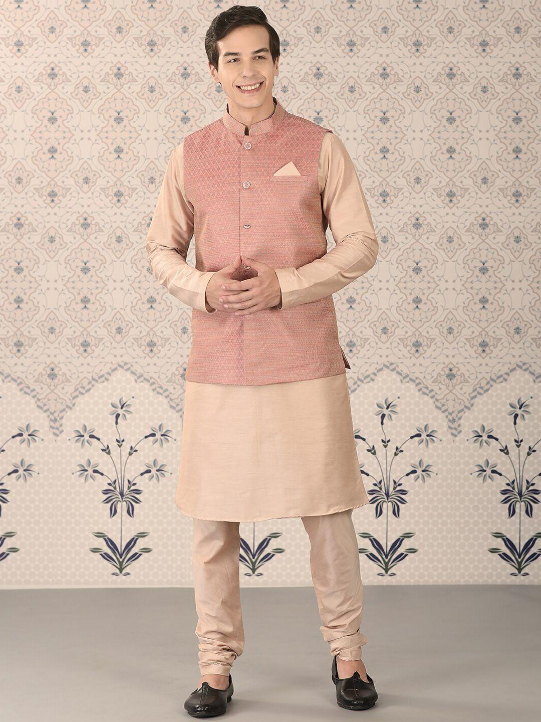 ode by house of pataudi cream & pink mandarin collar kurta with churidar & nehru jacket