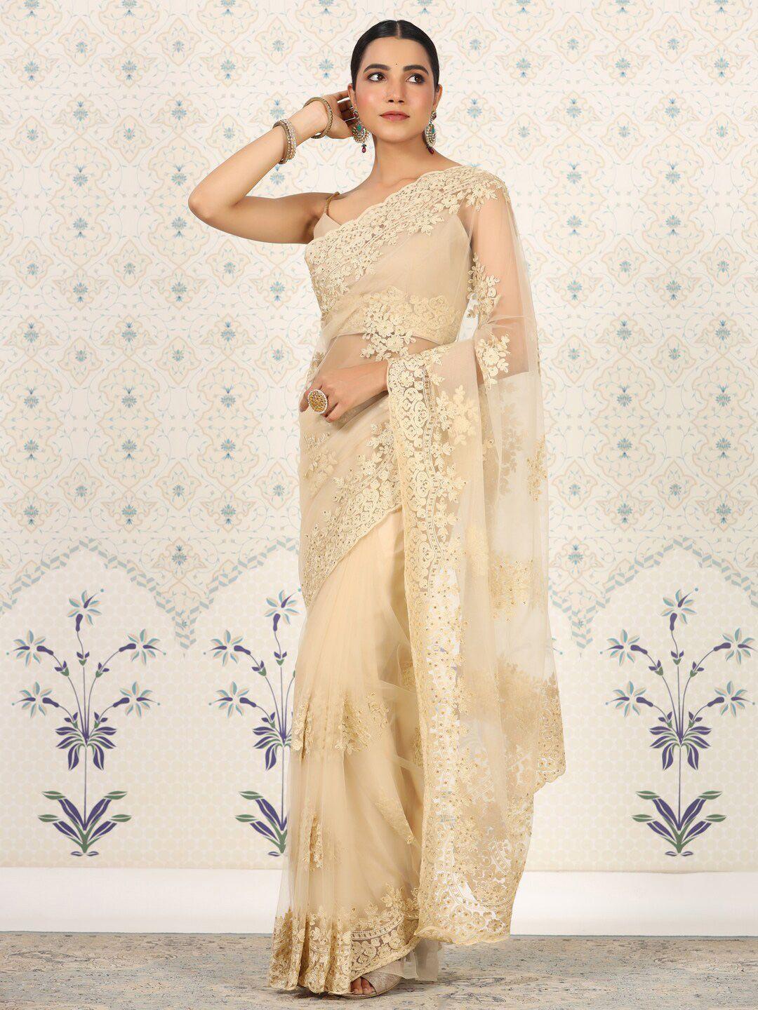 ode by house of pataudi cream-coloured floral embroidered net saree