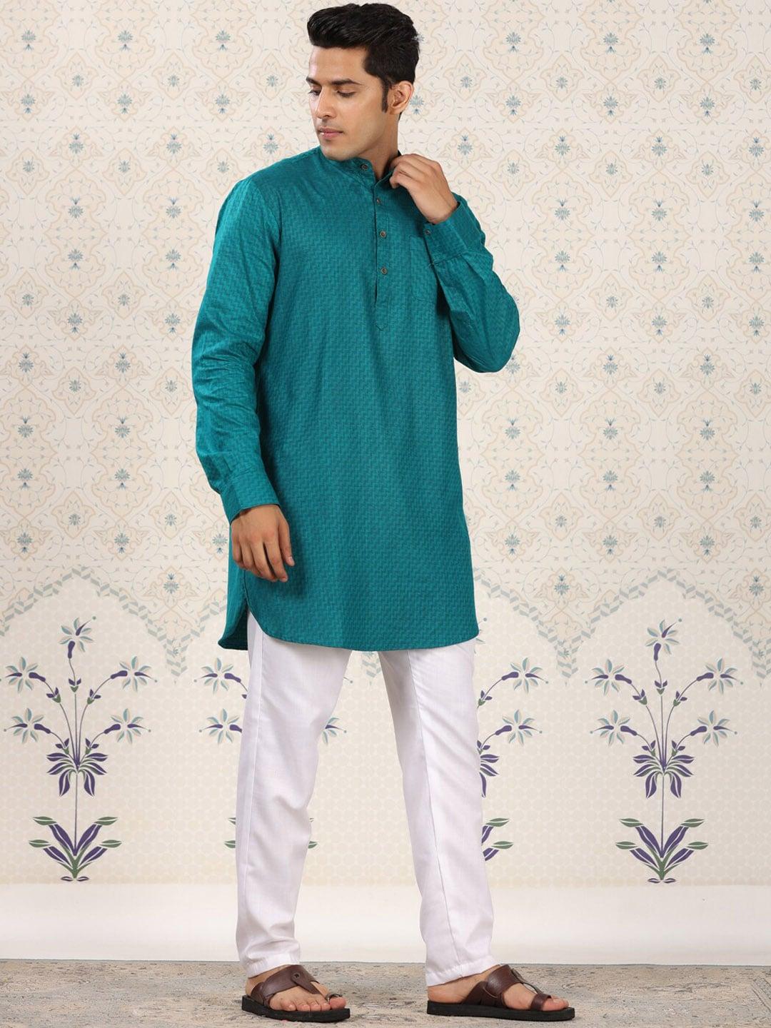 ode by house of pataudi geometric woven design mandarin collar regular kurta with trousers