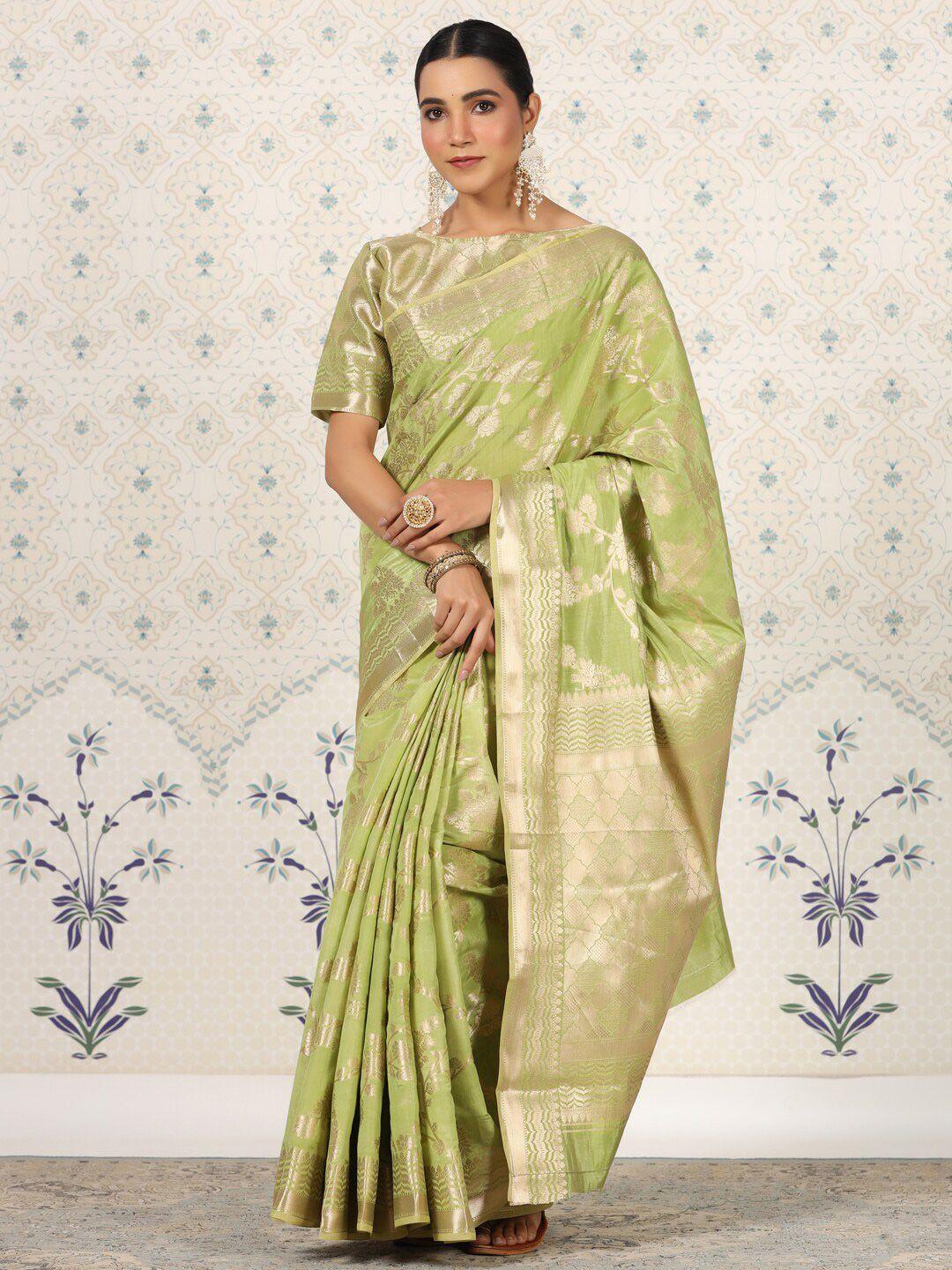 ode by house of pataudi green & gold-toned floral woven design zari saree