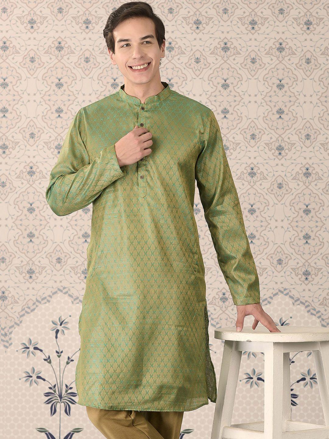 ode by house of pataudi green mandarin collar woven design kurta
