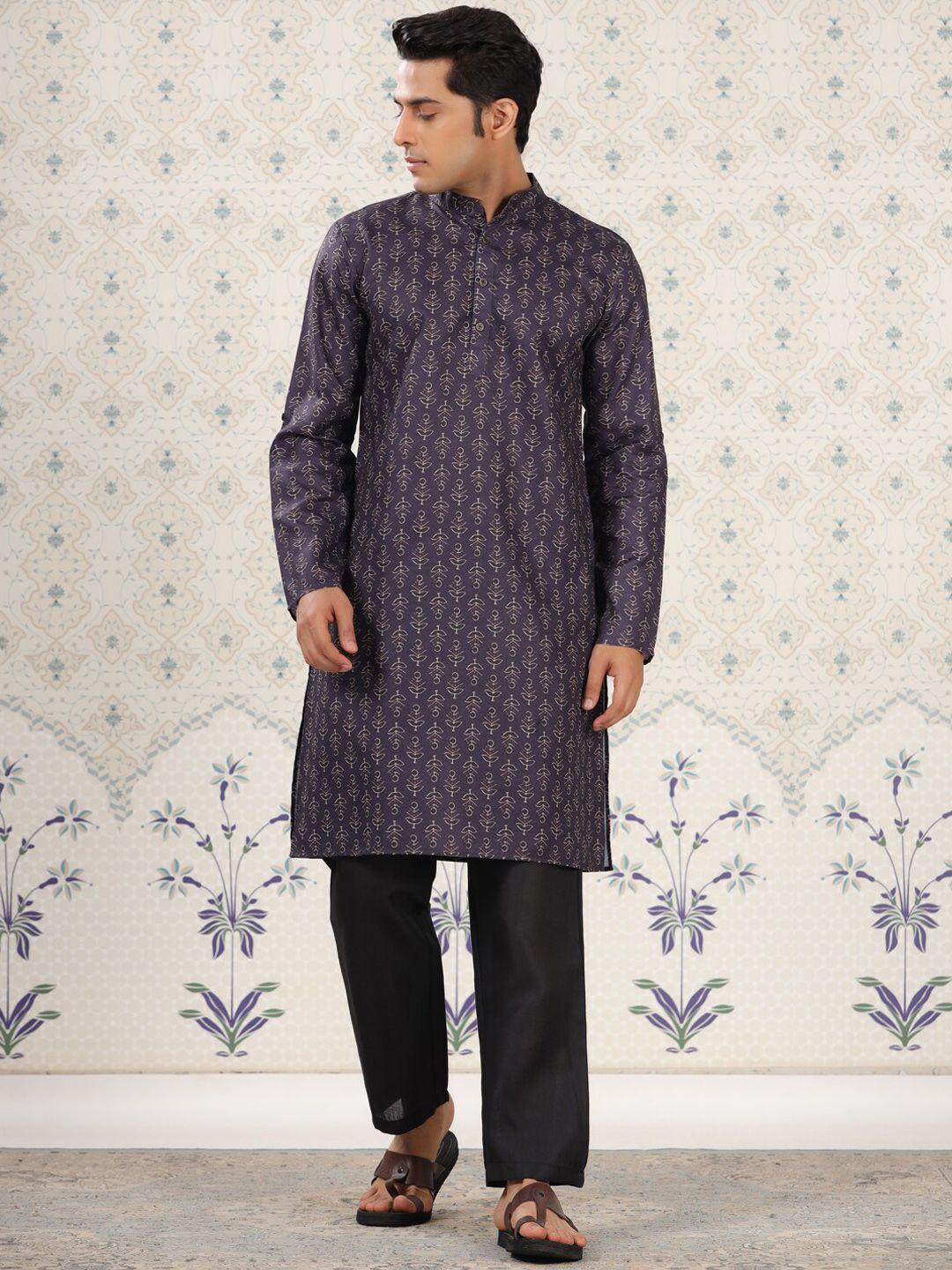 ode by house of pataudi purple ethnic motifs printed mandarin collar kurta with trousers