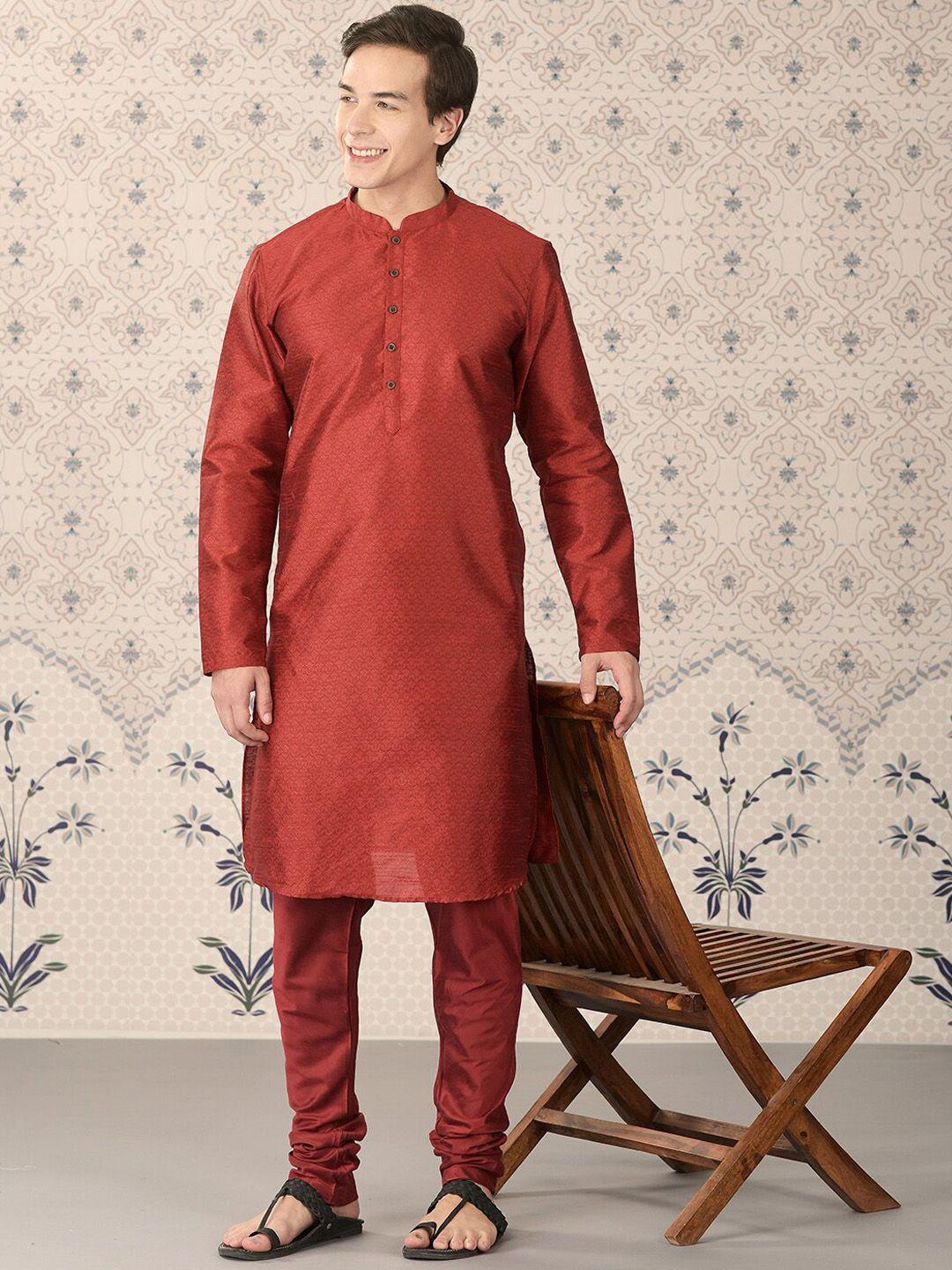 ode by house of pataudi red ethnic motif woven design mandarin collar kurta with churidar