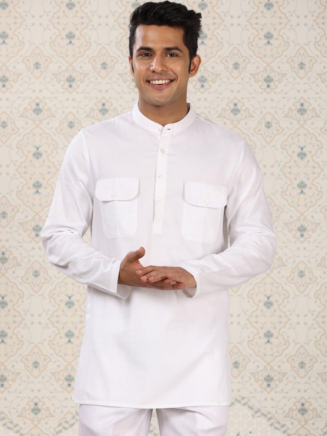 ode by house of pataudi white striped band collar pure cotton short kurta