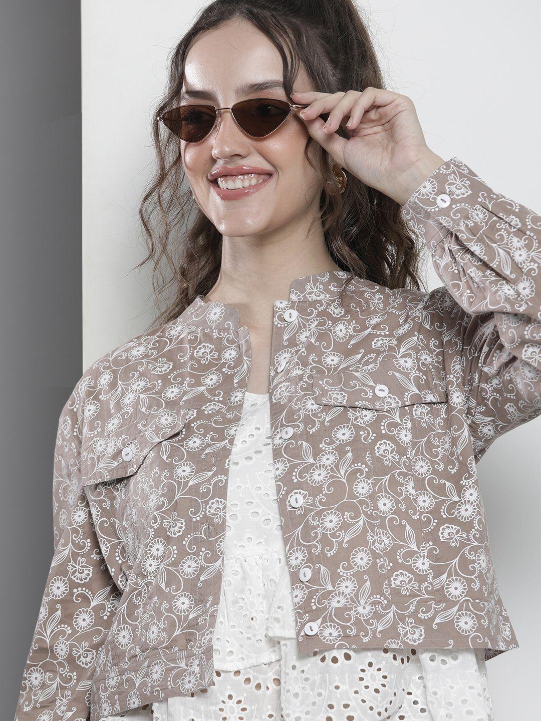 ode by house of pataudi women brown white floral crop tailored jacket