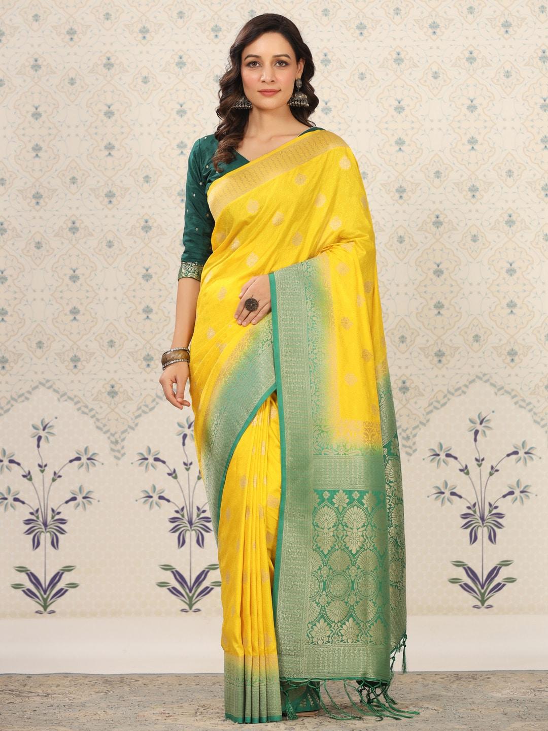 ode by house of pataudi yellow & green floral woven design zari art silk banarasi saree