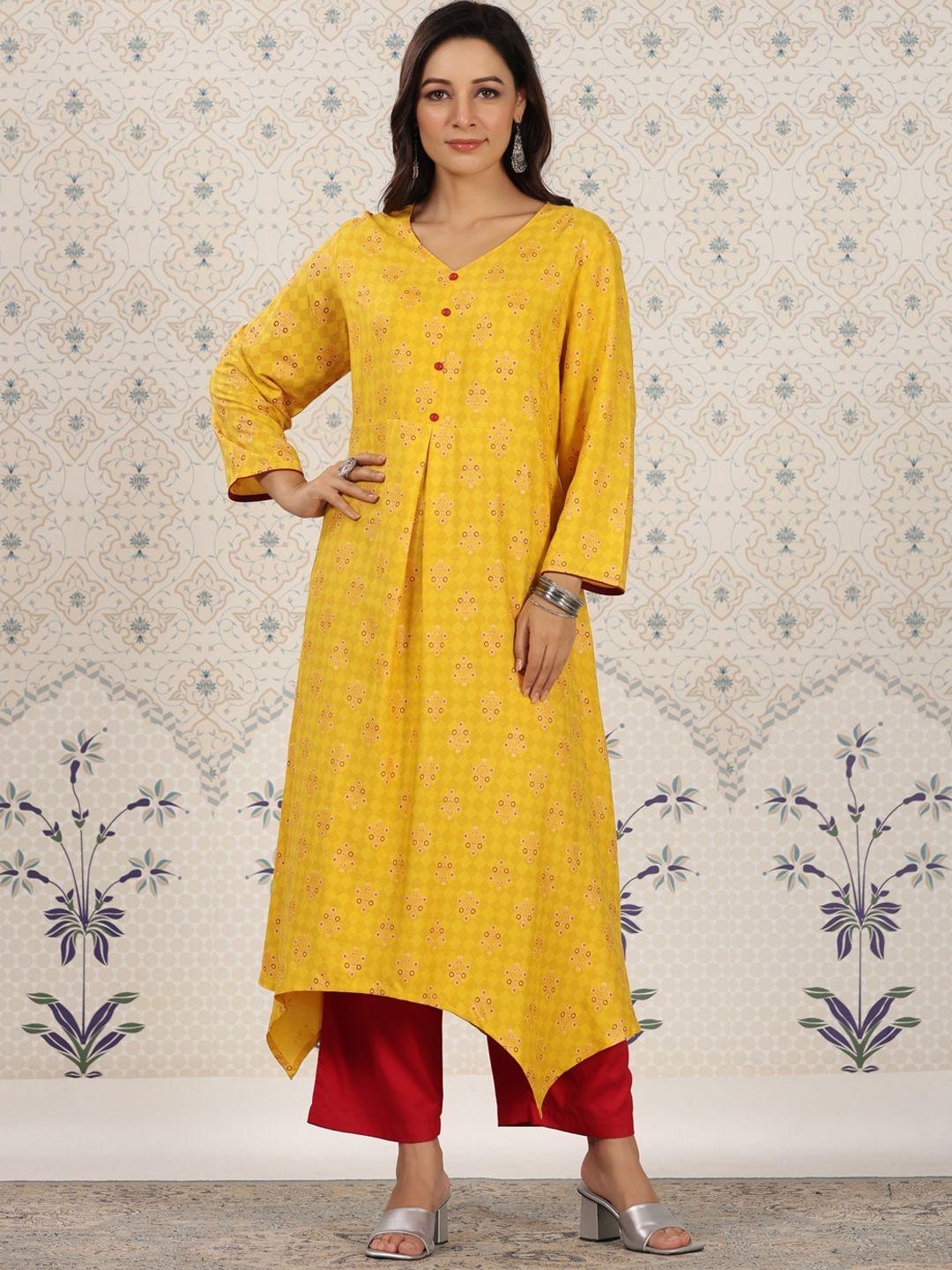 ode by house of pataudi  ethnic motifs printed v-neck  asymmetric  a-line kurta