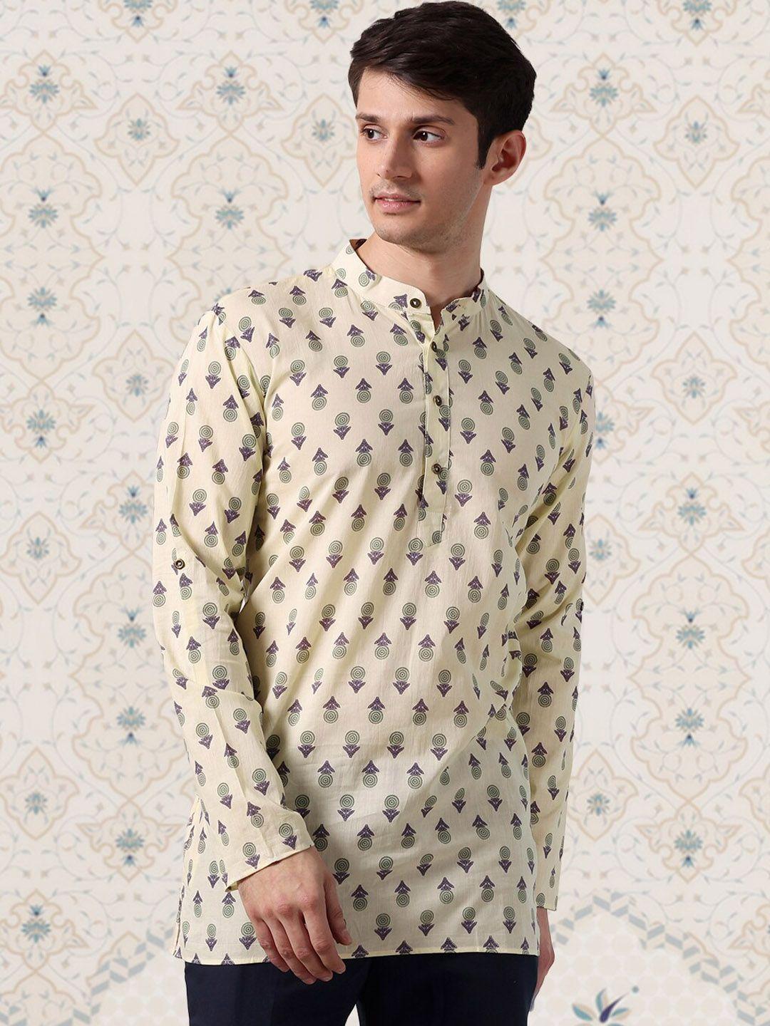 ode by house of pataudi beige & green floral printed band collar pure cotton kurta