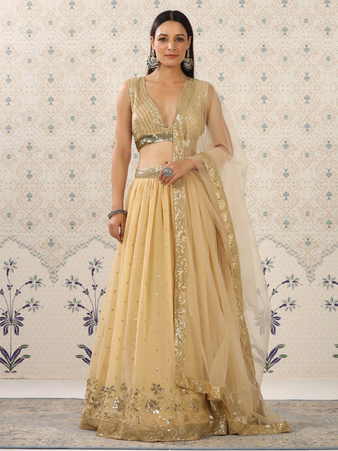 ode by house of pataudi beige embroidered semi-stitched lehenga choli with dupatta