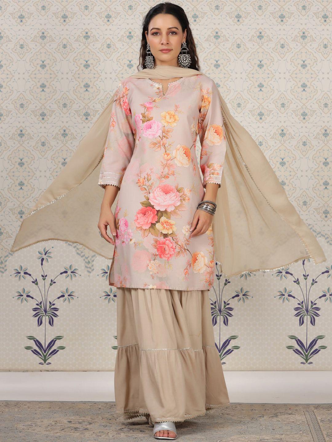 ode by house of pataudi beige floral printed straight kurta & sharara with dupatta