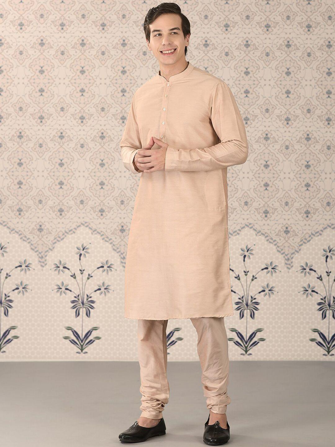 ode by house of pataudi beige mandarin collar kurta with churidar & nehru jacket