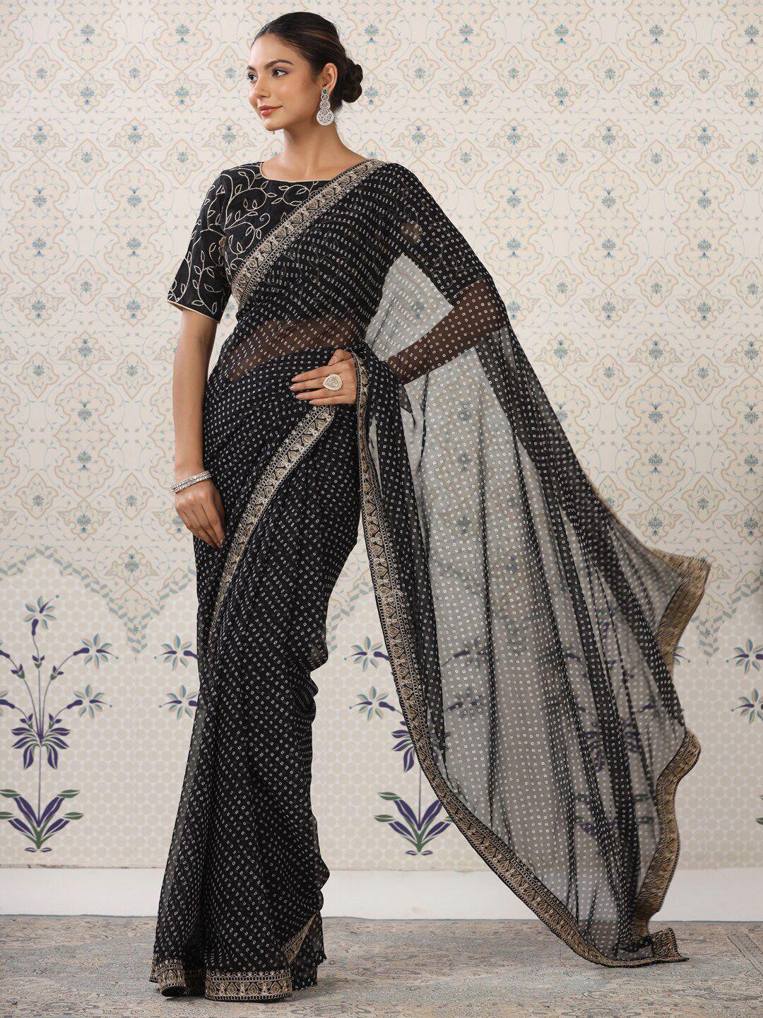 ode by house of pataudi black & white embroidered pure georgette bandhani saree