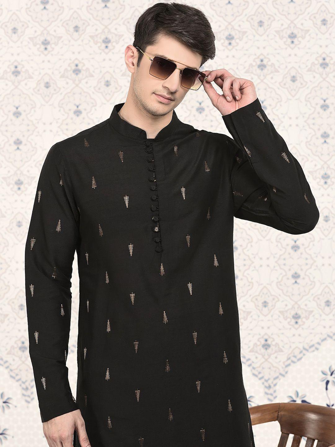 ode by house of pataudi black ethnic motifs embroidered jacquard straight kurta