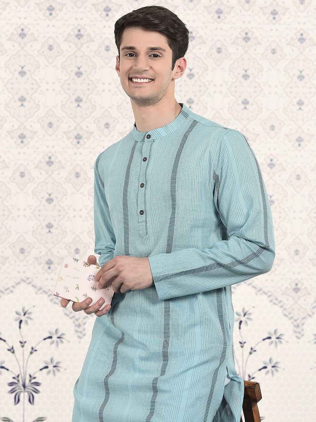 ode by house of pataudi blue & teal green stripes woven design  jacquard kurta