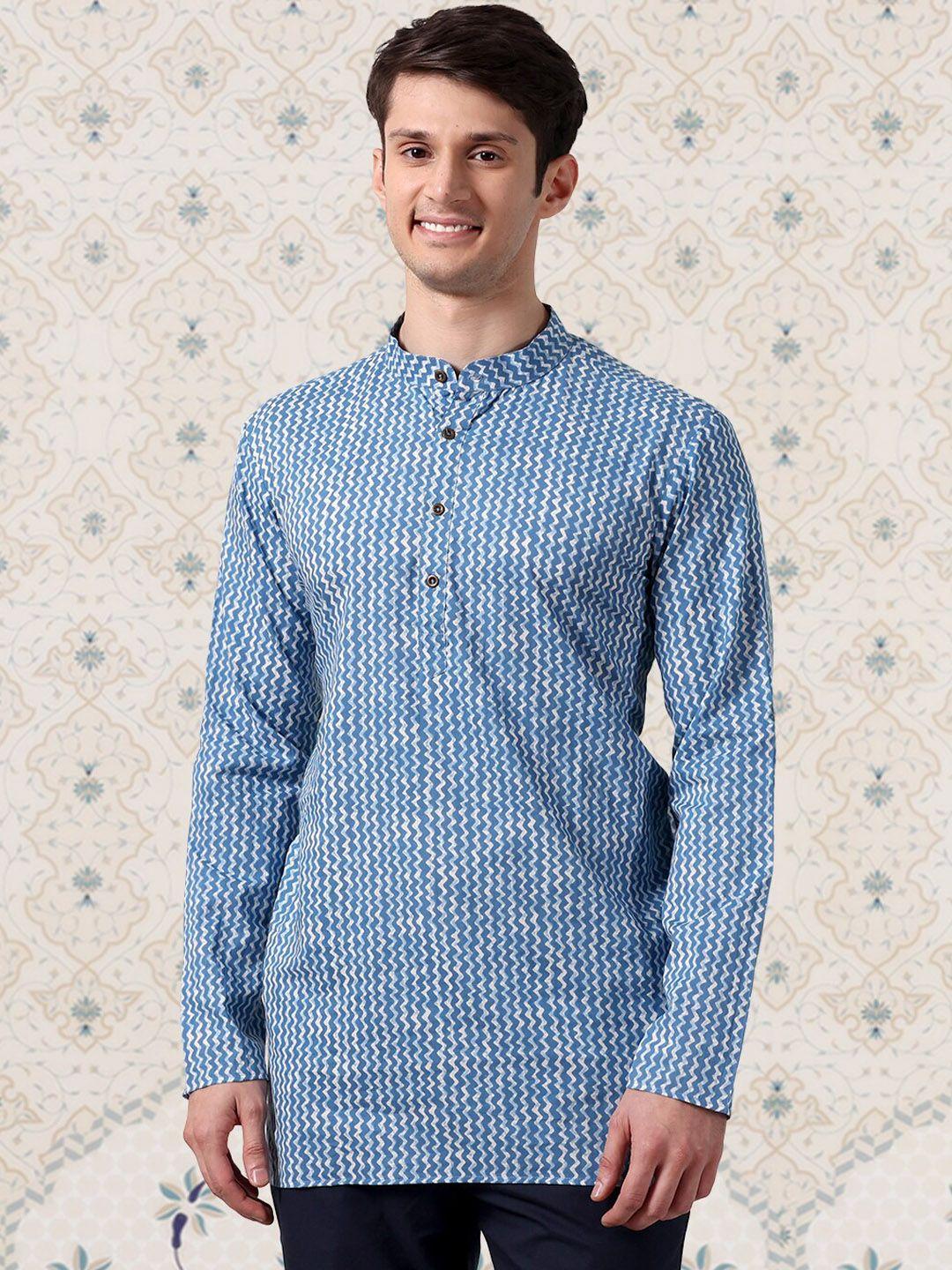 ode by house of pataudi blue & white chevron printed band collar pure cotton kurta