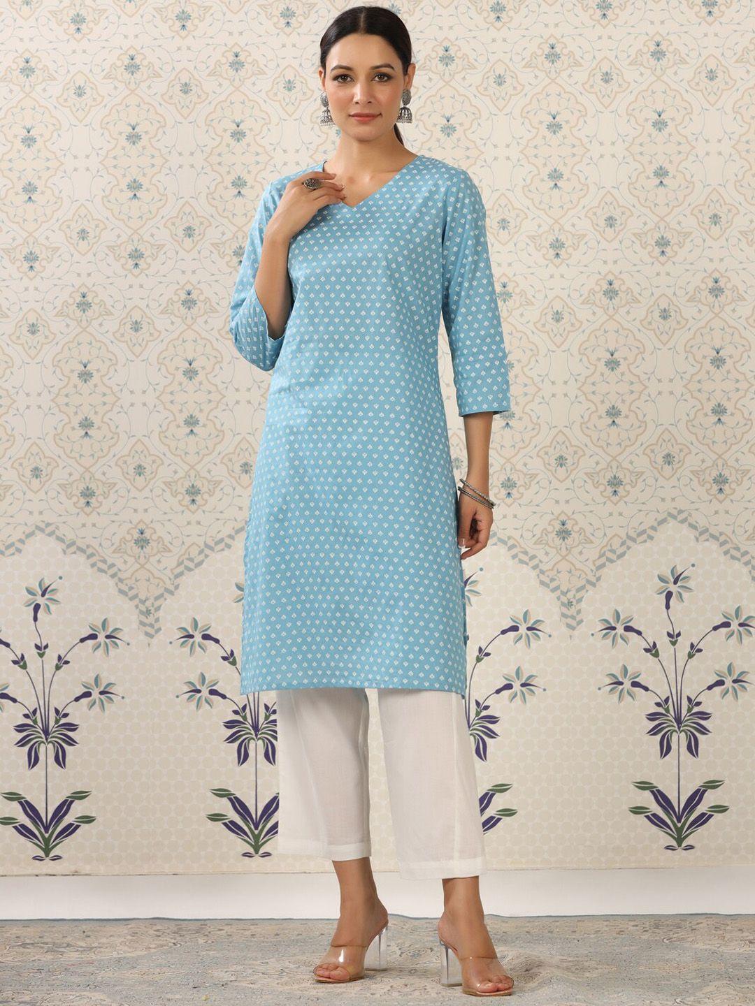 ode by house of pataudi blue & white floral printed pure cotton kurta with palazzos