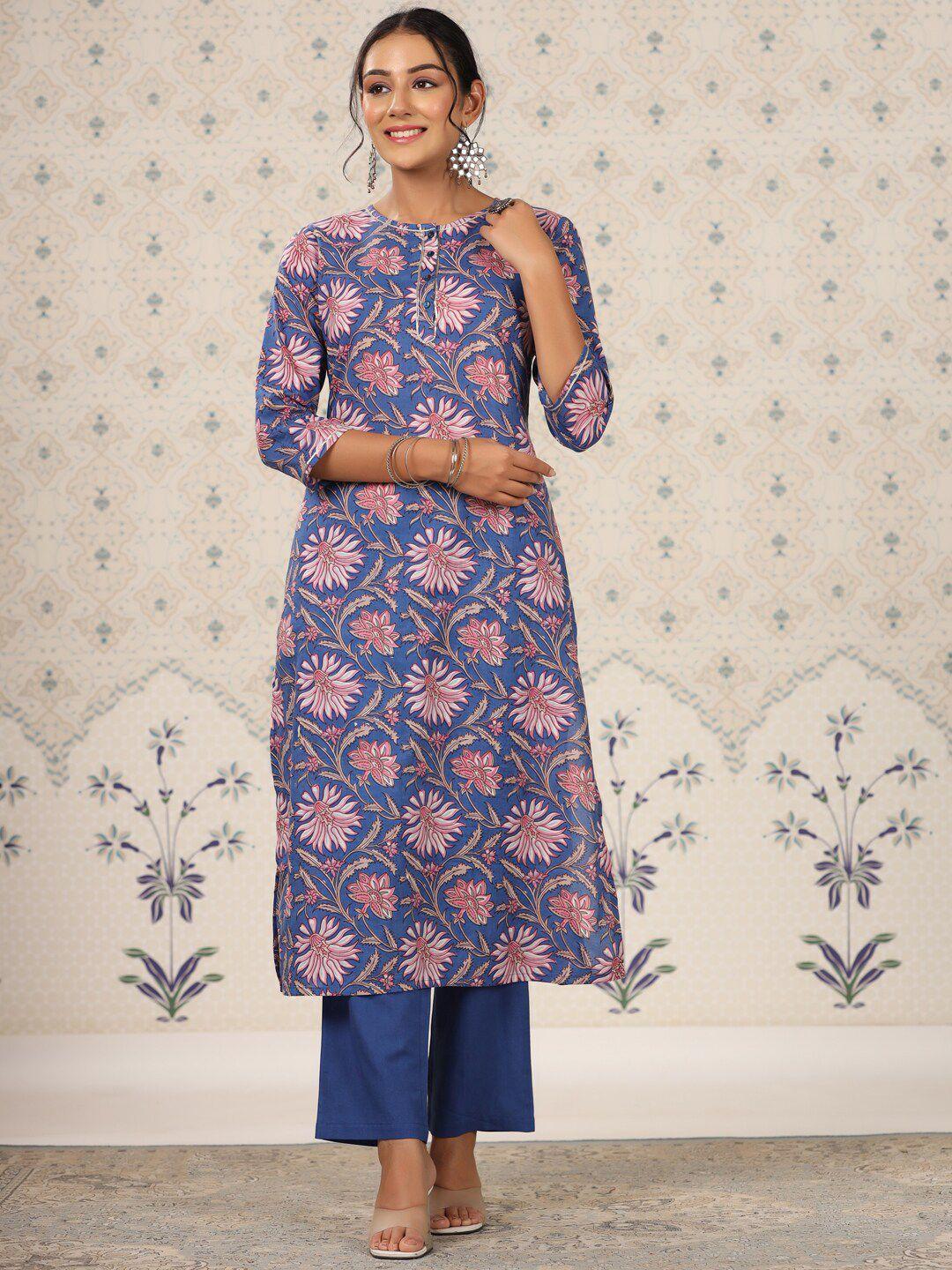 ode by house of pataudi blue floral printed regular pure cotton kurti with trouser