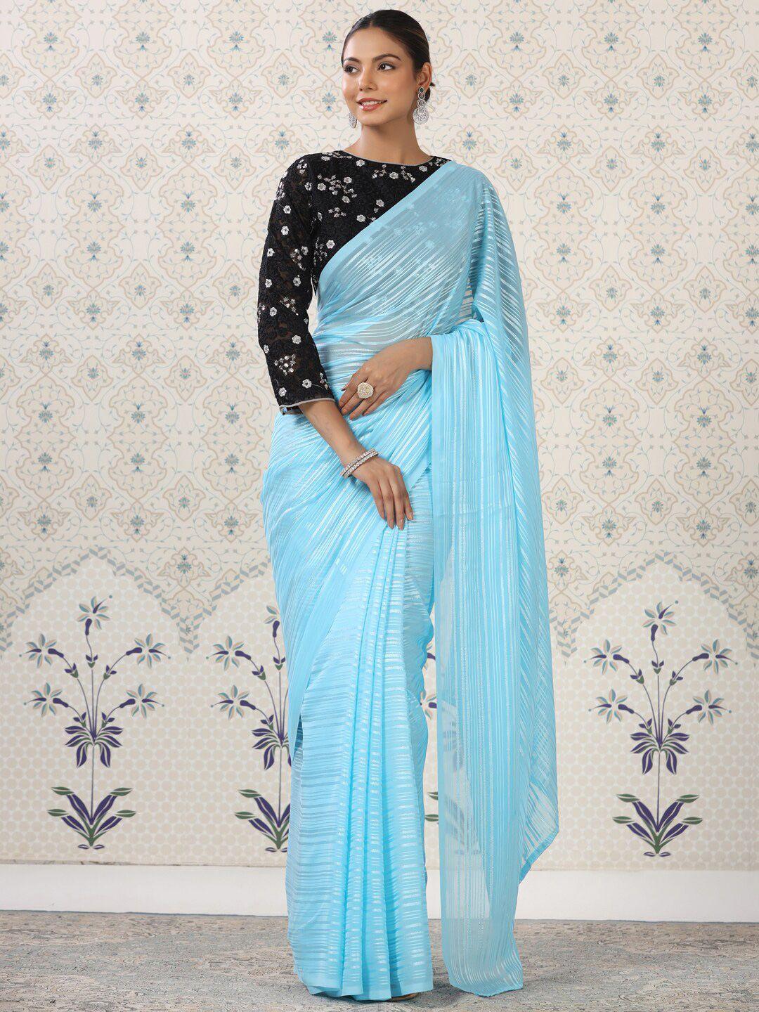 ode by house of pataudi blue striped sequinned satin saree