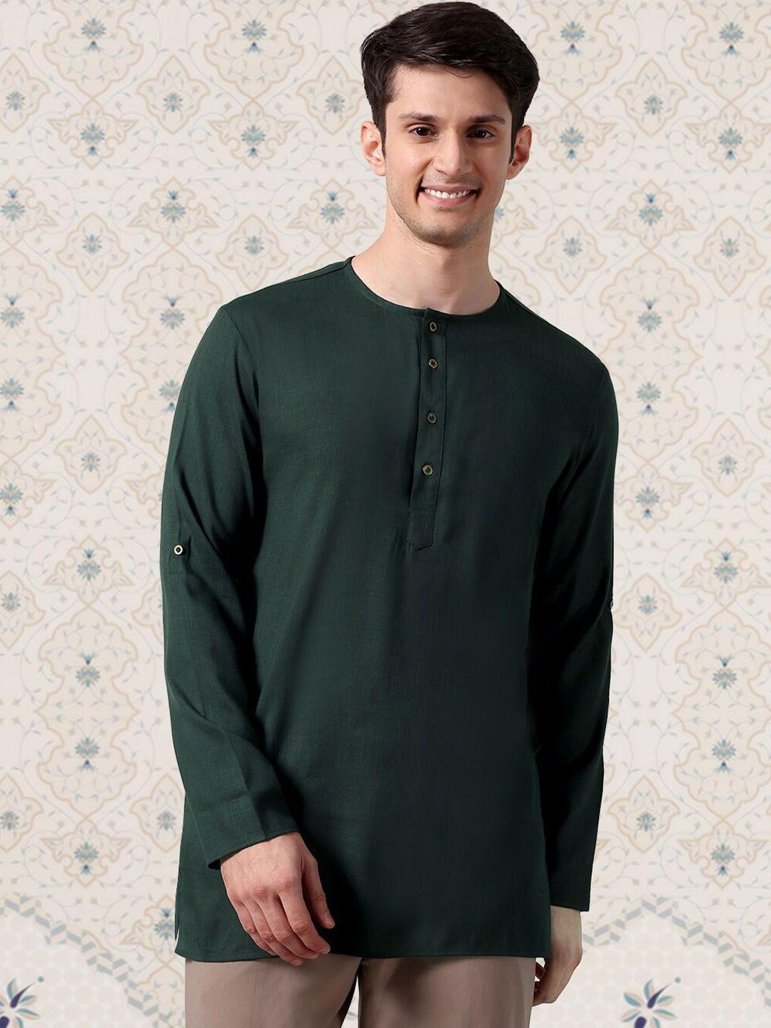 ode by house of pataudi brown henely neck roll-up sleeves straight short kurta