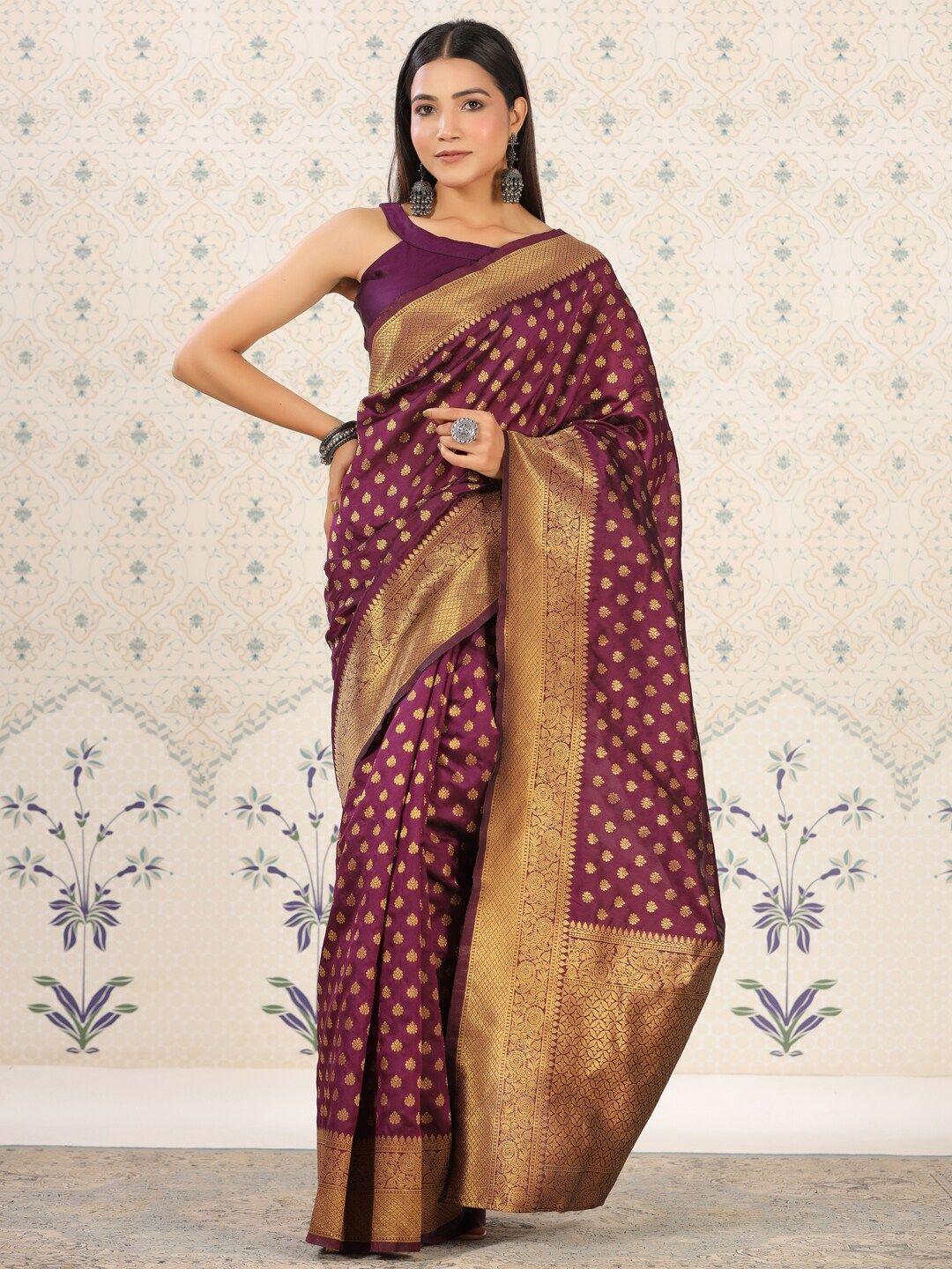 ode by house of pataudi burgundy & gold-toned woven design zari pure silk banarasi saree