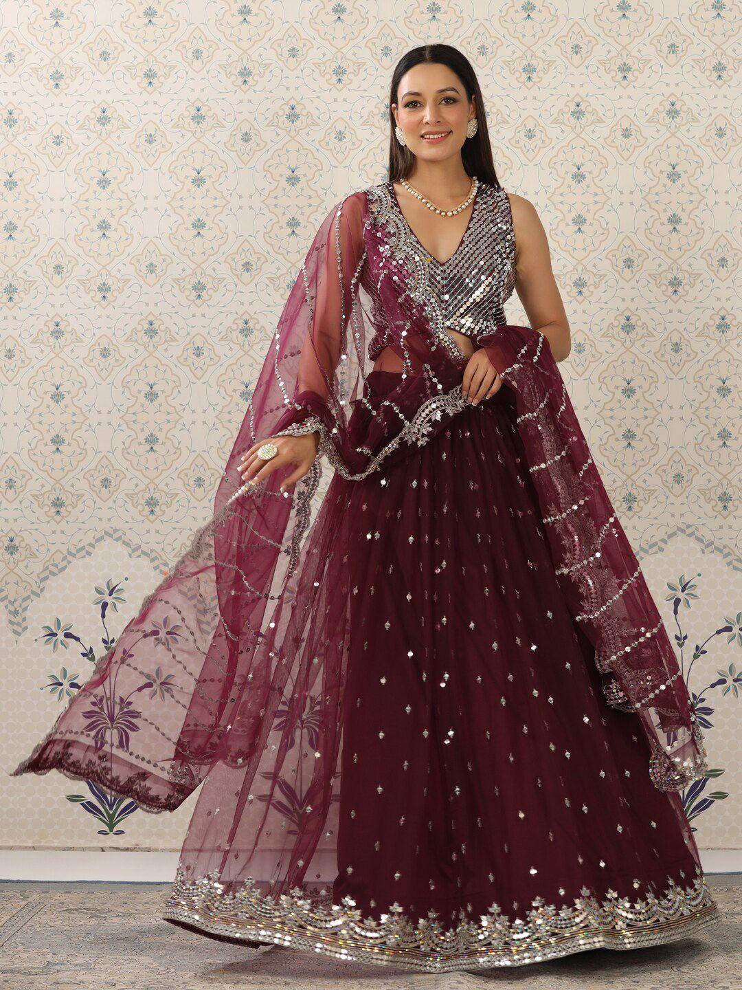 ode by house of pataudi burgundy & silver-toned semi-stitched lehenga & unstitched blouse