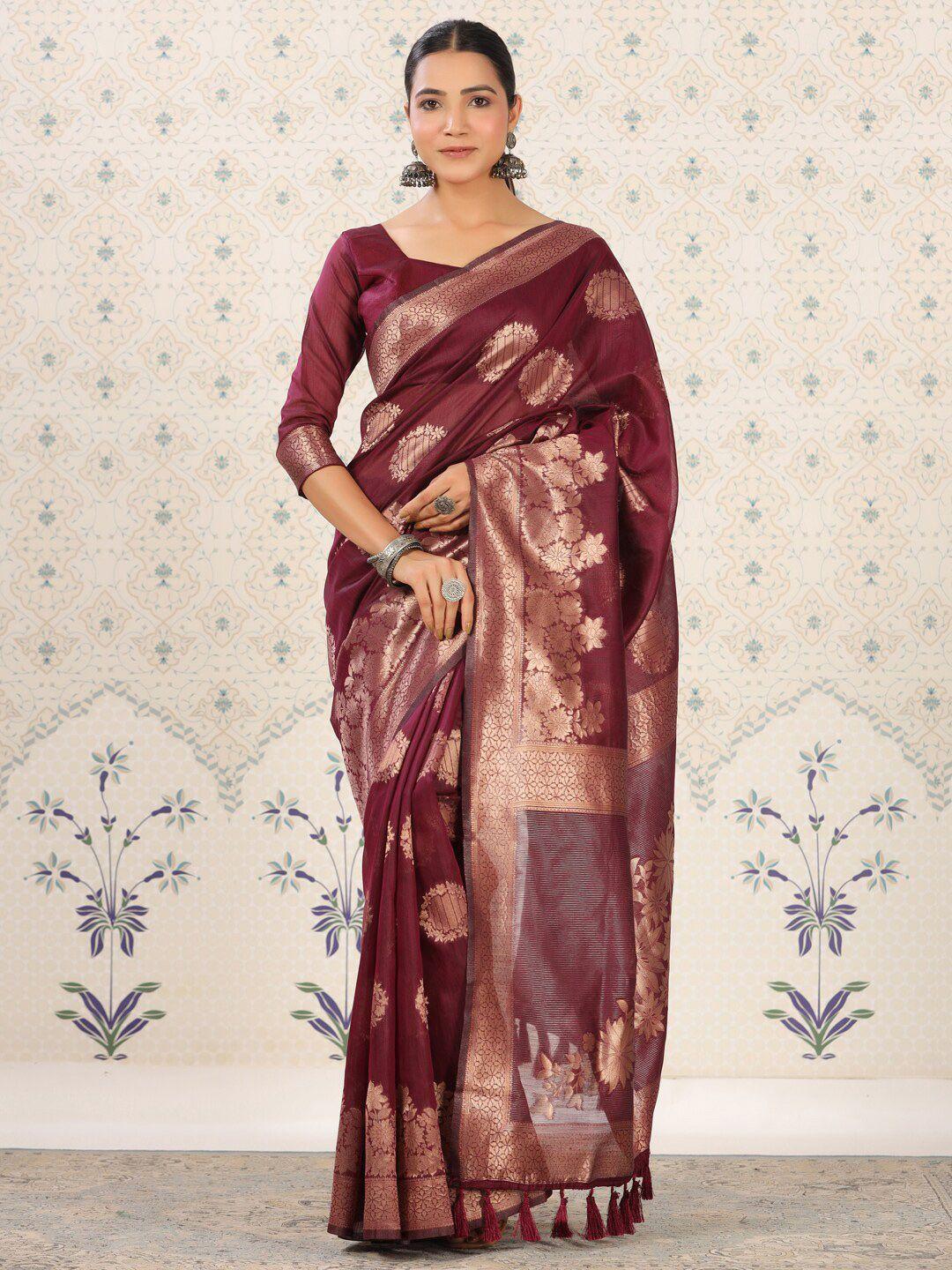 ode by house of pataudi burgundy ethnic motifs woven design zari banarasi saree