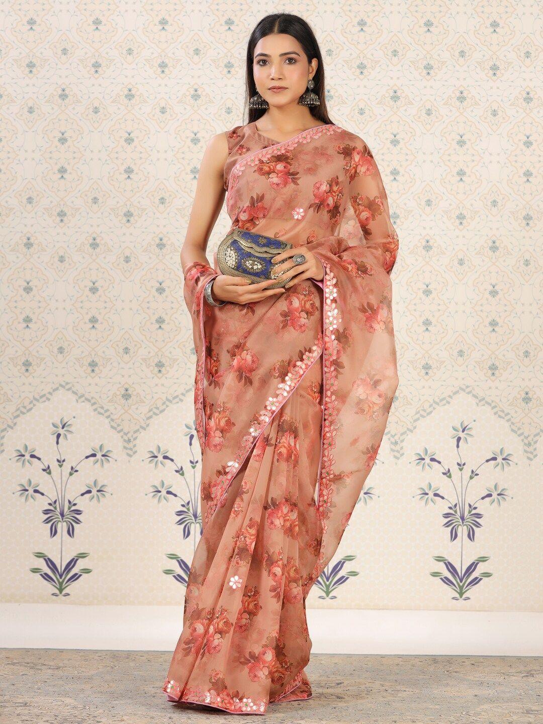 ode by house of pataudi coffee brown & pink floral mirror work organza saree