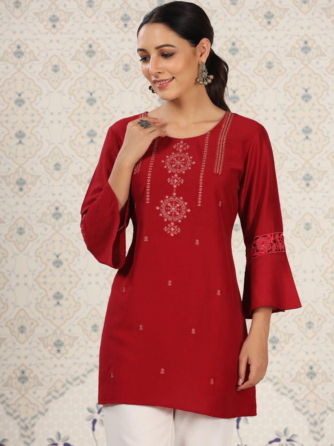 ode by house of pataudi ethnic motifs embroidered bell sleeves a-line kurti