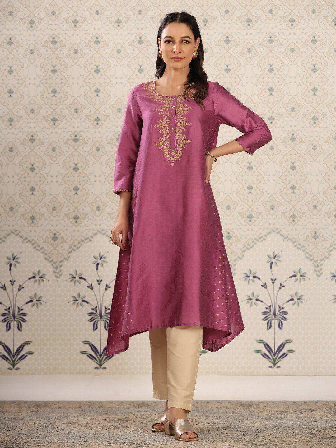 ode by house of pataudi ethnic motifs embroidered round neck gotta patti panelled kurta