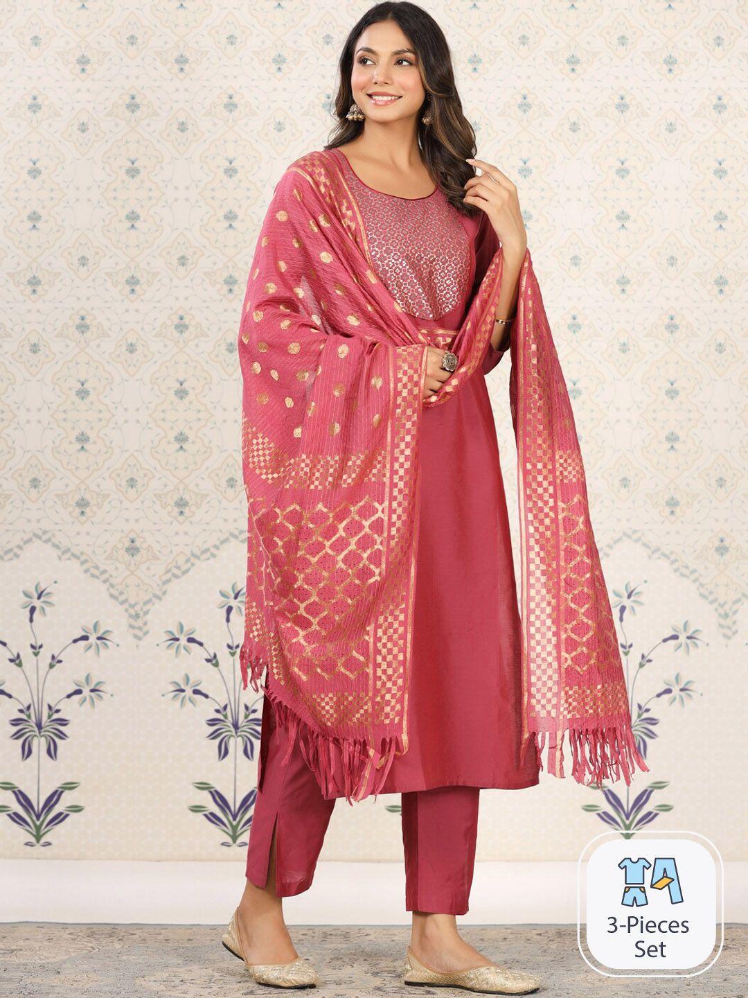 ode by house of pataudi ethnic motifs embroidered straight kurta & trousers with dupatta