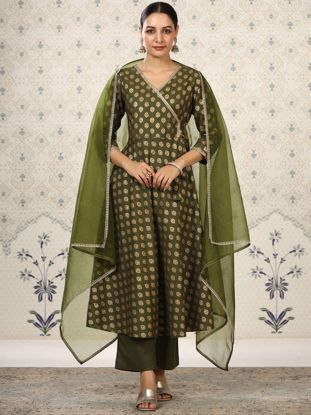 ode by house of pataudi ethnic motifs printed angrakha kurta with trousers & dupatta
