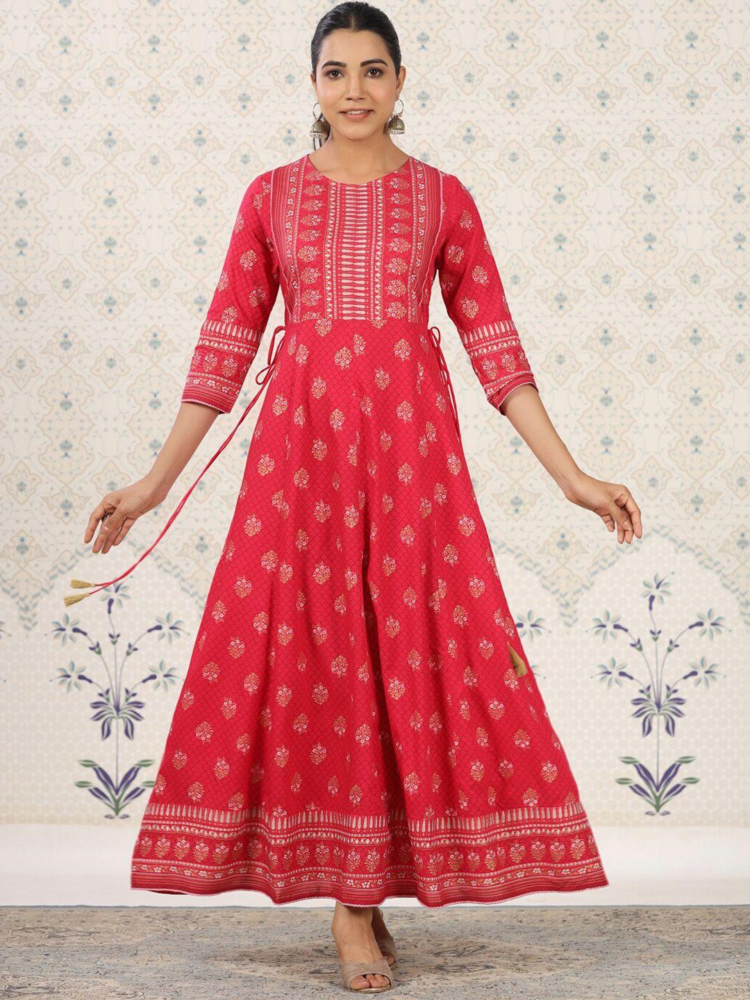 ode by house of pataudi ethnic motifs printed round neck gathered fit & flare ethnic dress