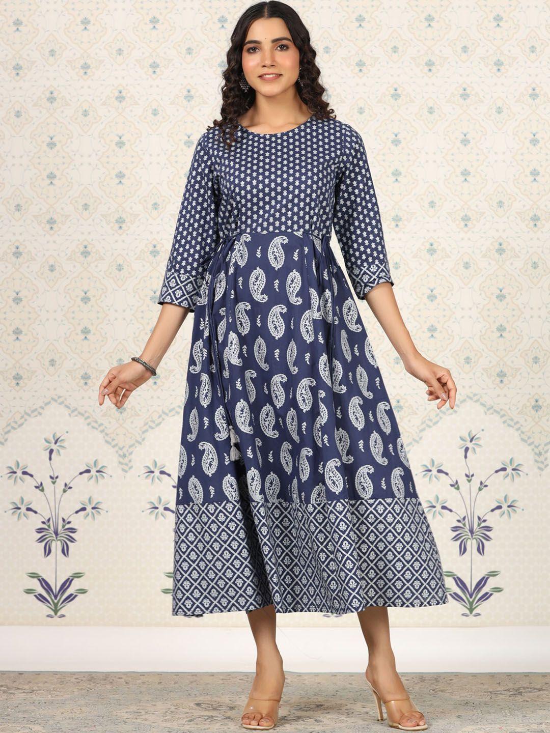 ode by house of pataudi ethnic motifs printed round neck tie-up cotton midi ethnic dress