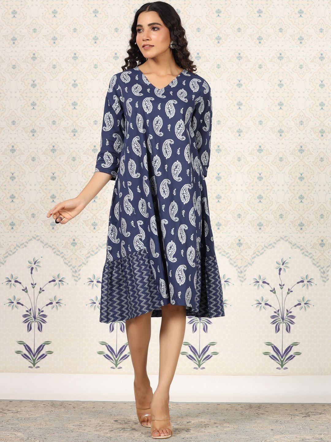 ode by house of pataudi ethnic motifs printed v-neck pure cotton a-line midi ethnic dress