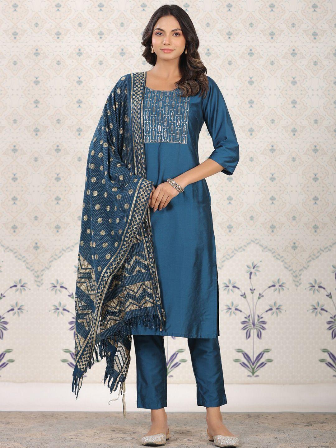 ode by house of pataudi ethnic motifs woven design straight kurta with trousers & dupatta