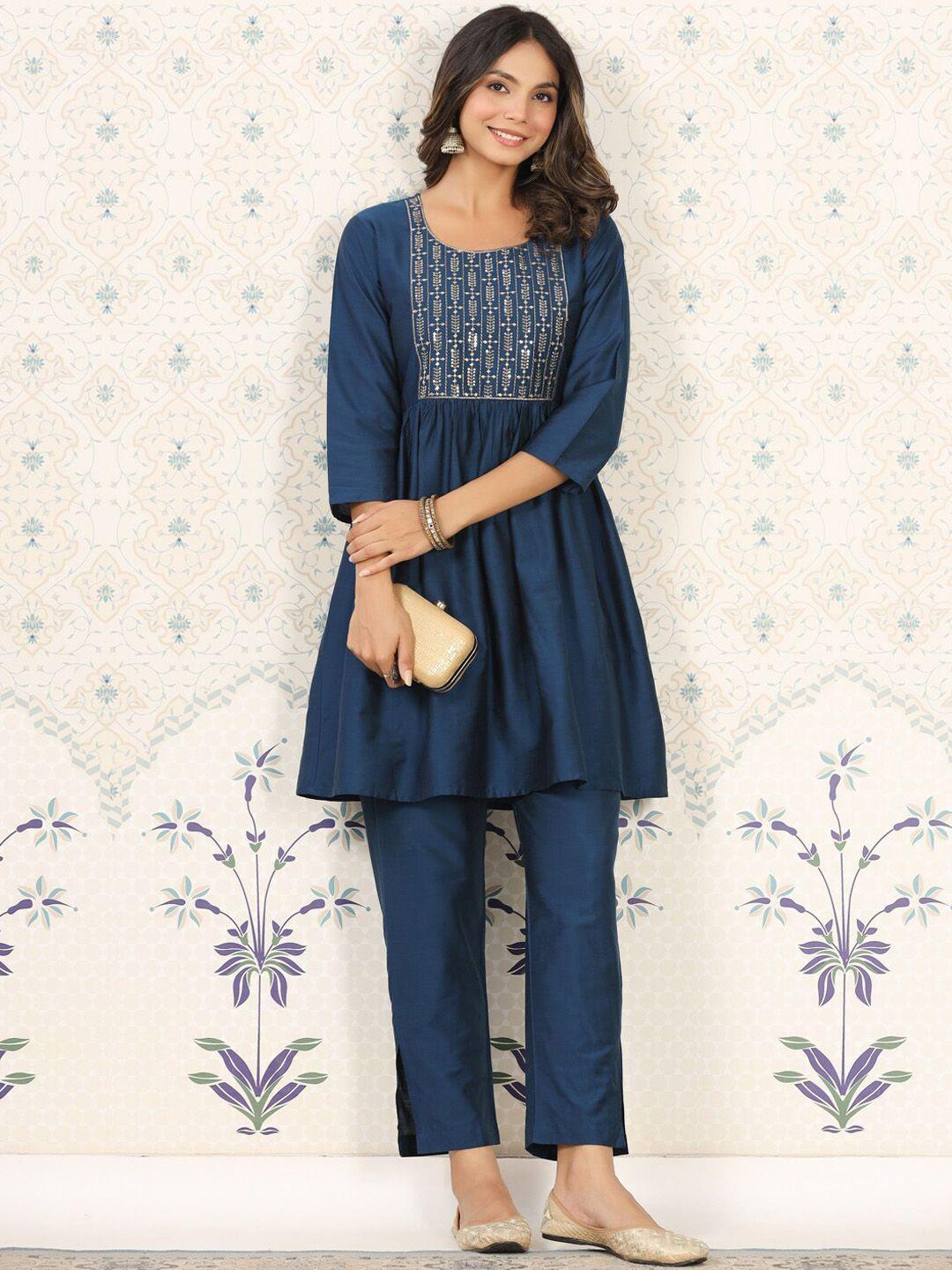 ode by house of pataudi ethnic motifs yoke design sequinned a-line kurti with trousers