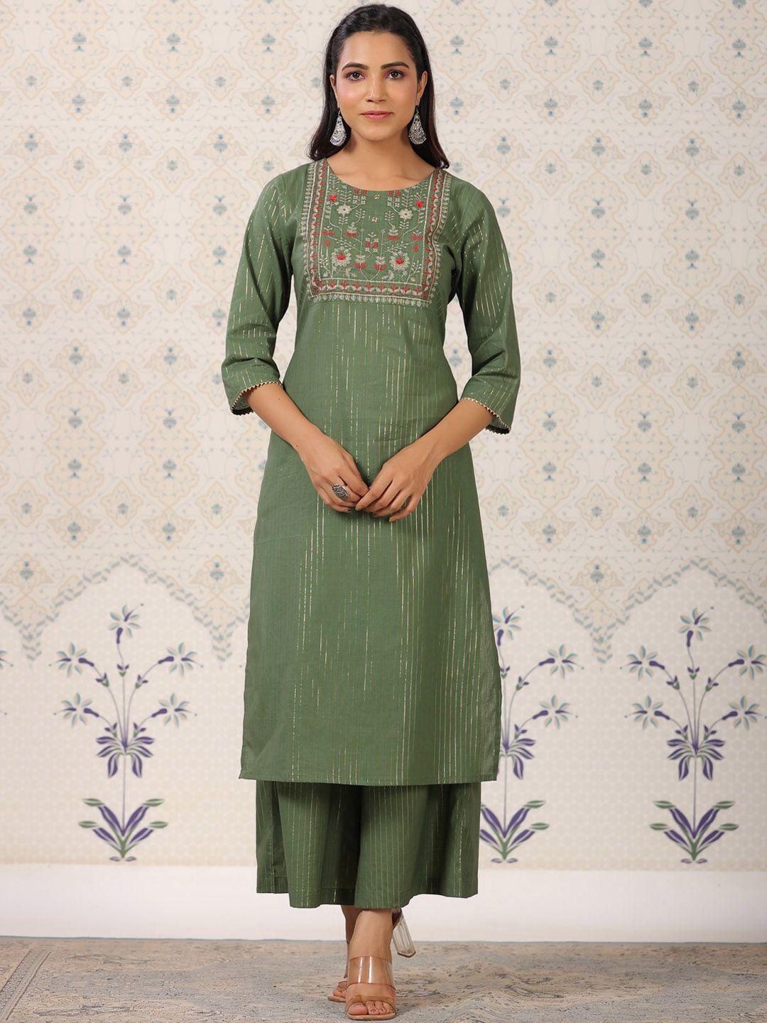 ode by house of pataudi ethnic motifs yoke design thread work pure cotton kurta & palazzos