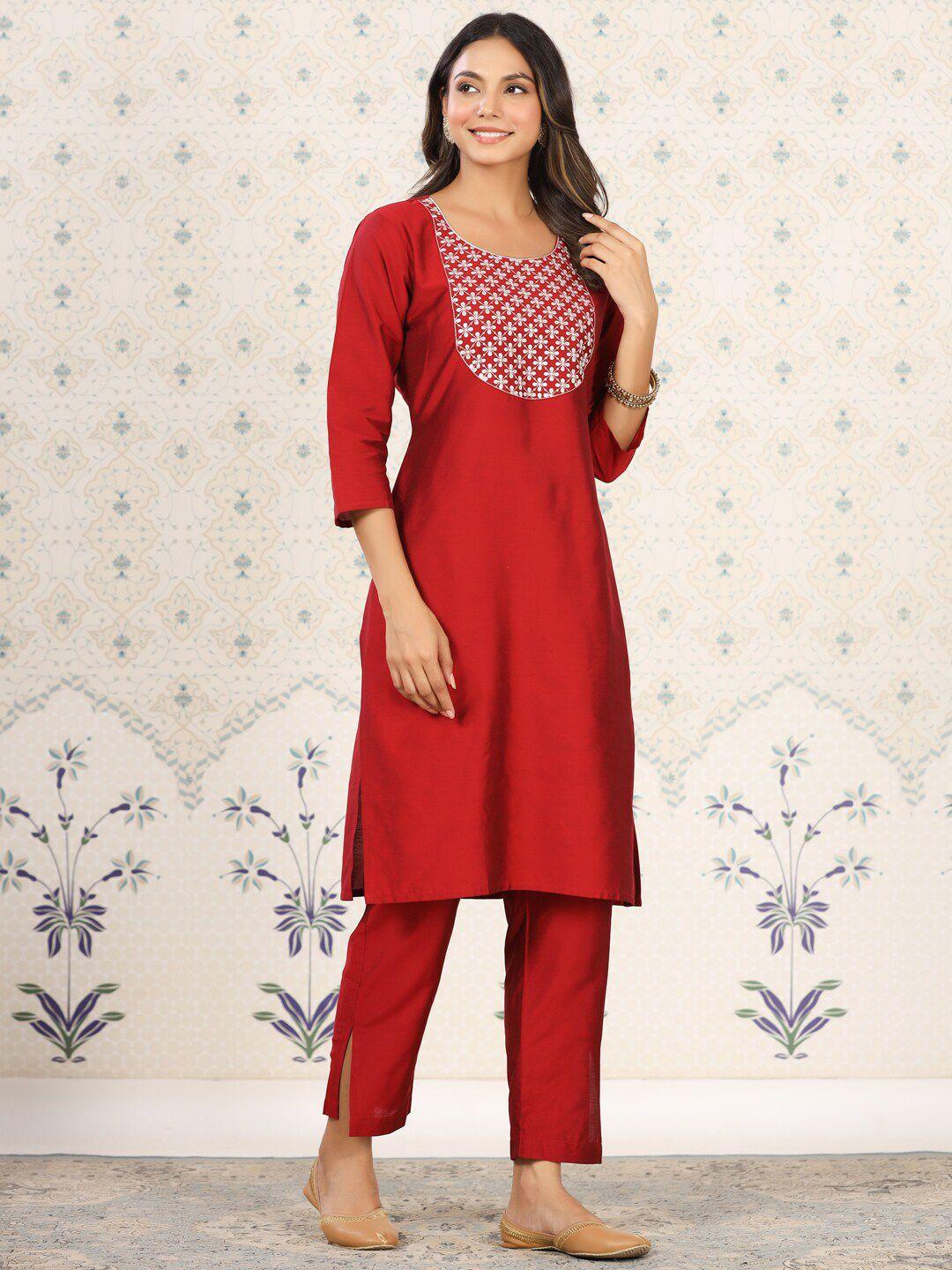 ode by house of pataudi floral embroidered yoke sequined straight kurta with trousers