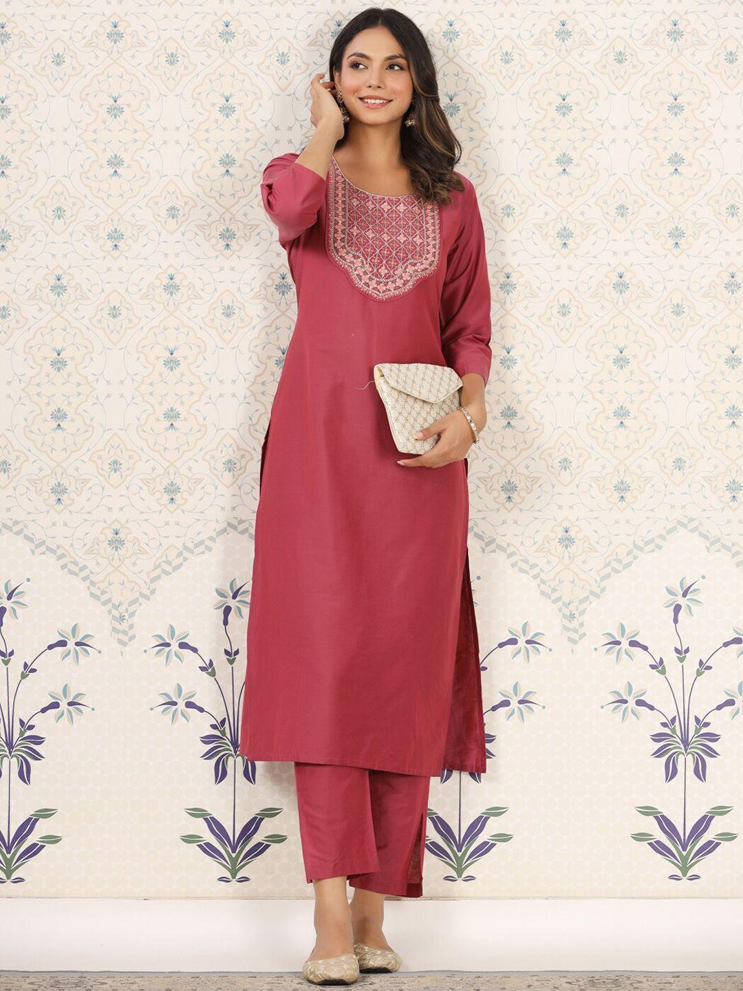 ode by house of pataudi floral embroidered yoke sequined straight kurta with trousers