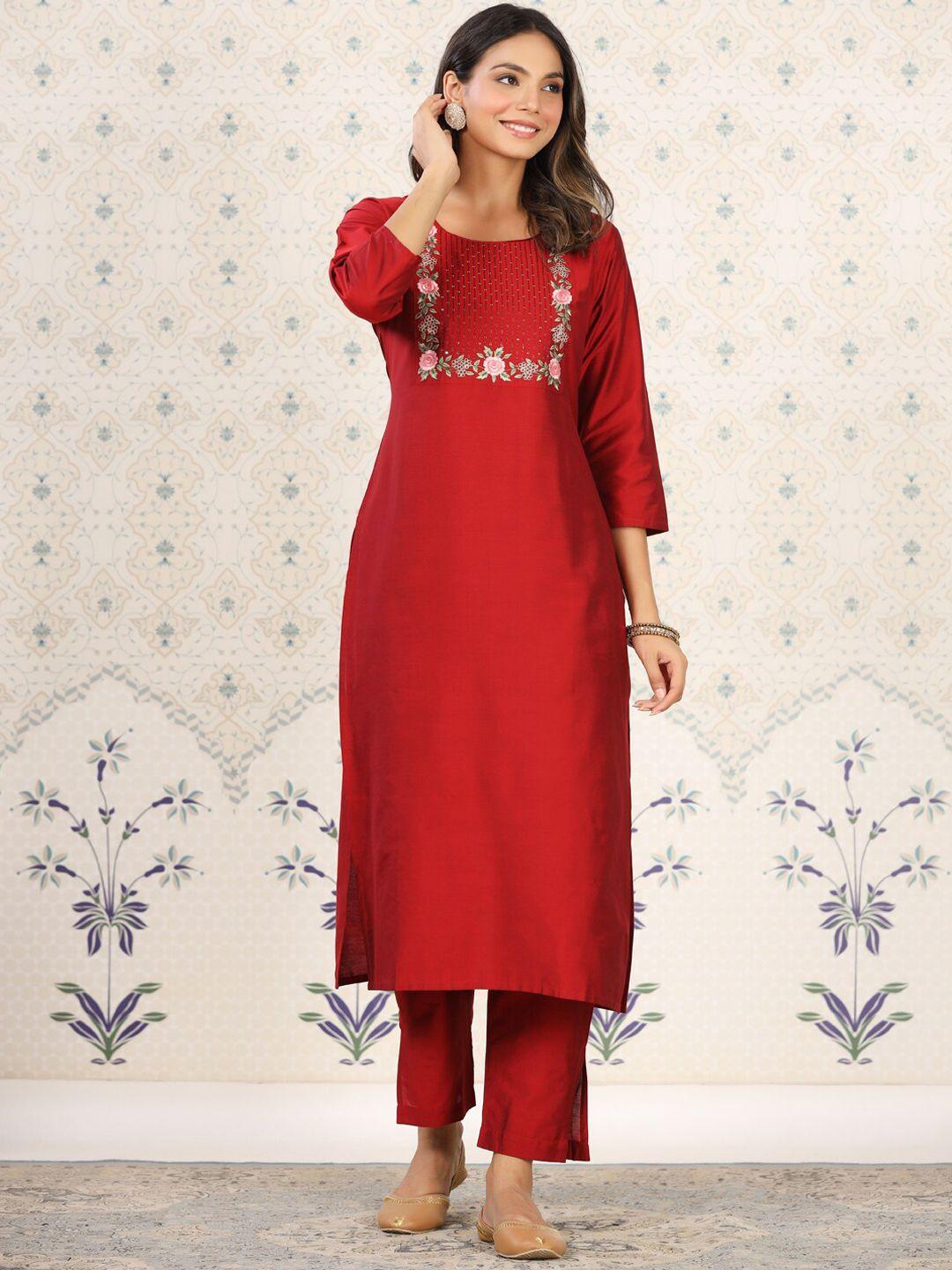 ode by house of pataudi floral embroidered yoke sequined straight kurta with trousers