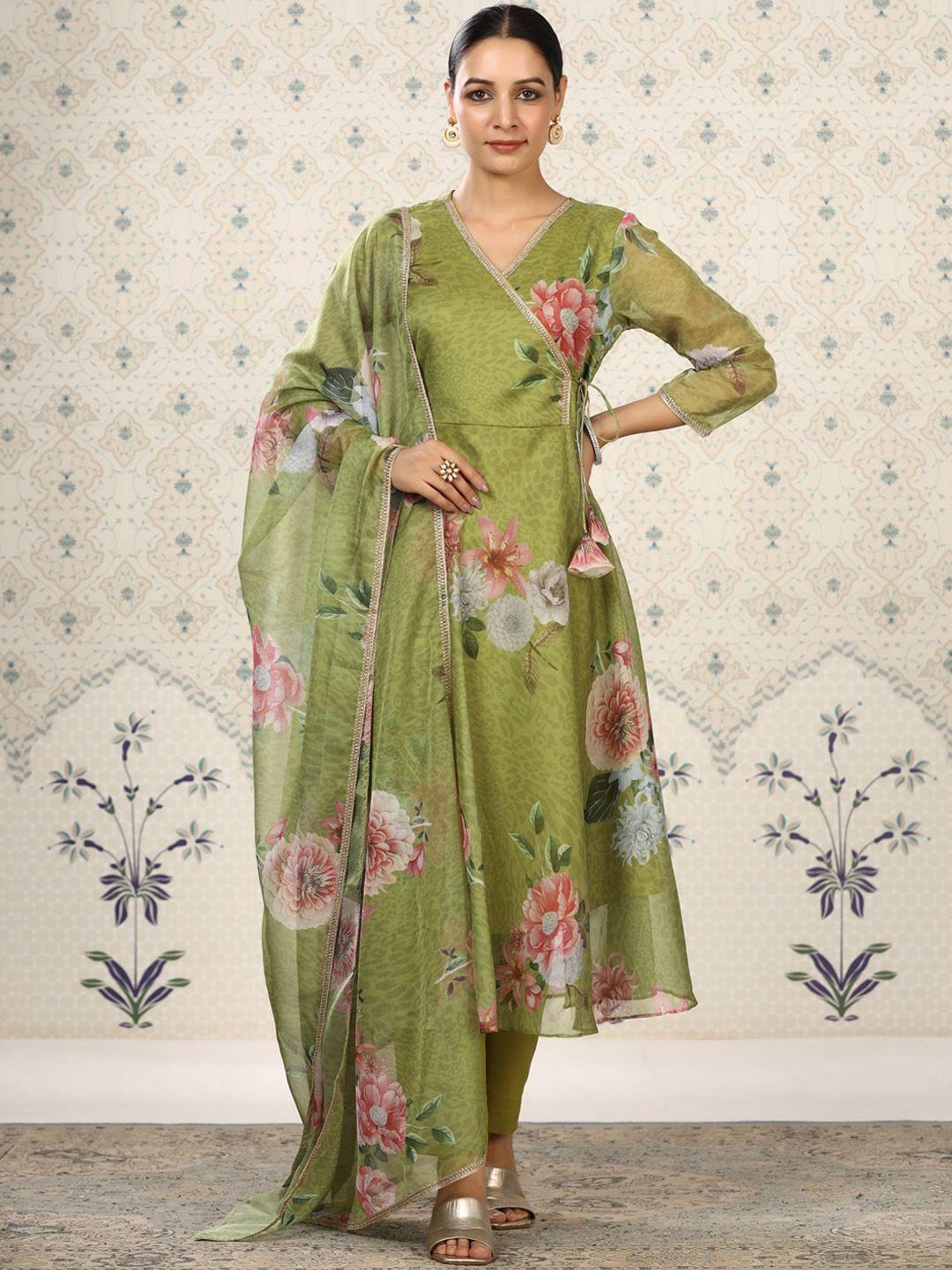 ode by house of pataudi floral printed angrakha kurta with trousers & dupatta
